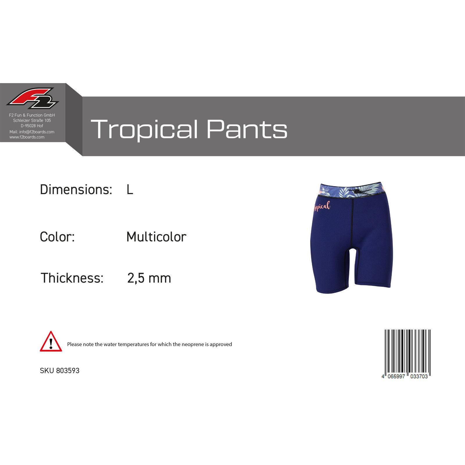 F2 Neoprenanzug F2 Damen Neopren Hose Tropical Pants 2,5 mm L Multicolor