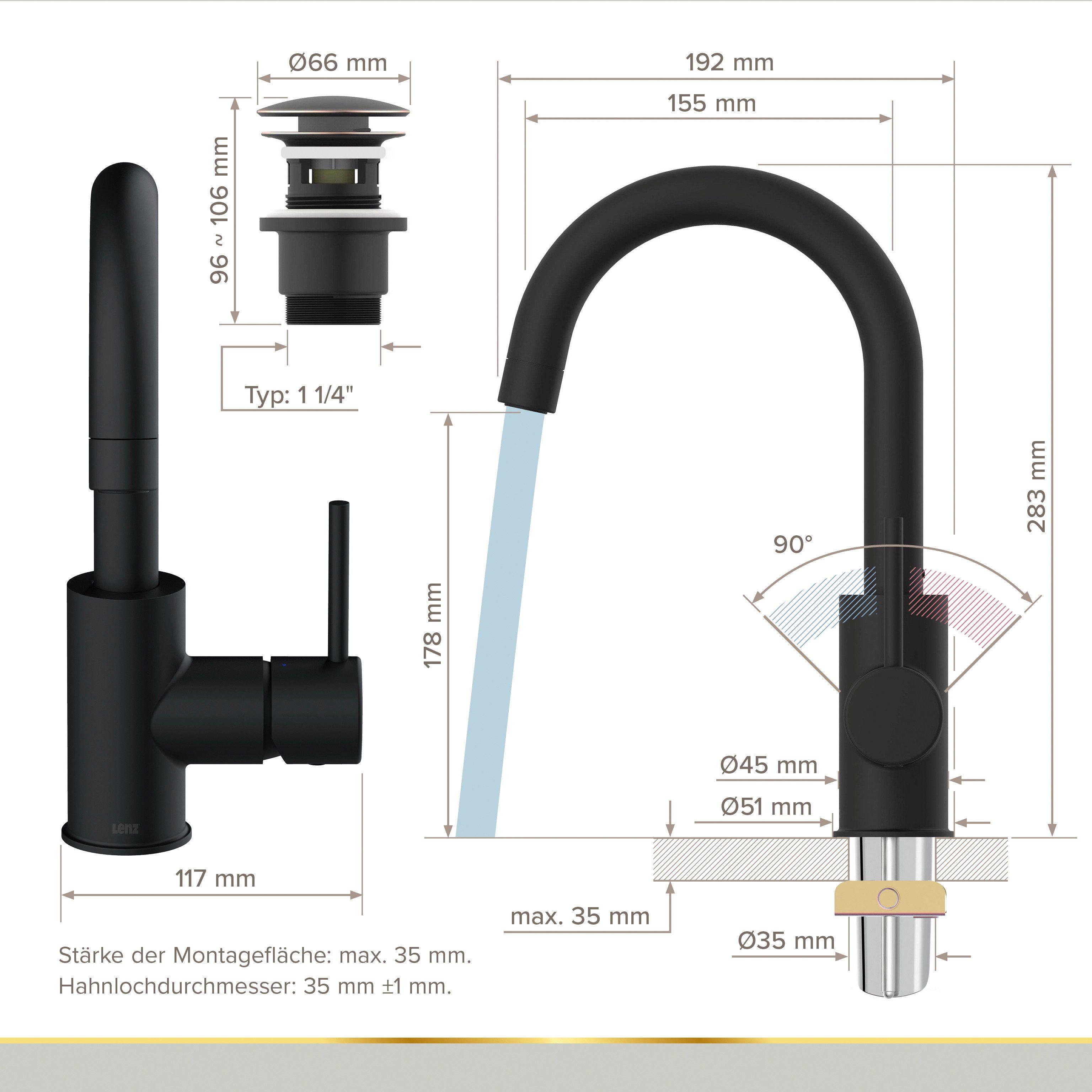 Lenz Waschtischarmatur BOW2 (Armatur mit Pop-Up-Ventil) EasyFix Befestigung – Bild 5 von 5