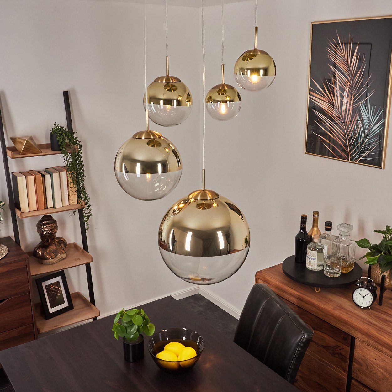 hofstein Hängeleuchte »Arola« 5-flammige Deckenlampe aus Metall/Glas in Goldfarben/Klar, ohne Leuchtmittel, Pendellampe mit Kugeln Echtglas, Höhe max. 142cm, E27 / E27