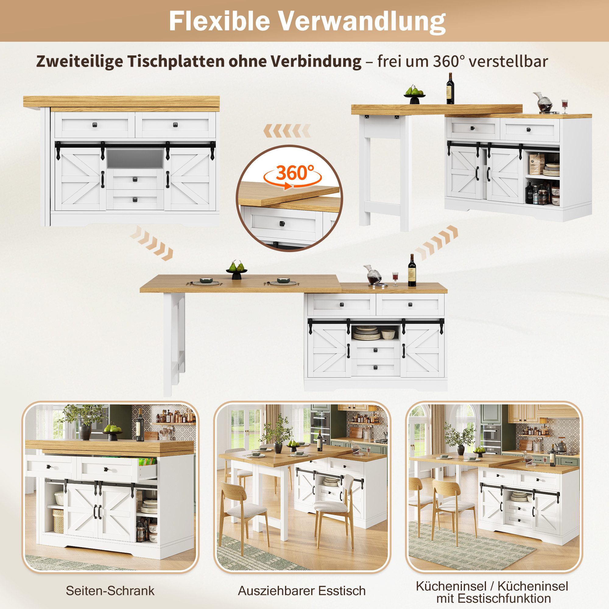 i@home Bartisch Ausziehbarer Kücheninsel-Esstisch (Packung Set), Seitenschrank mit versteckten Schubladen 360° drehbare Paneele – Bild 4 von 5