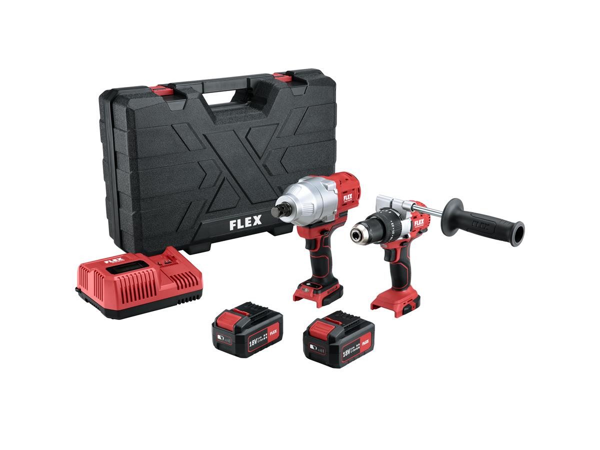 Flex Elektrowerkzeug-Set PD 2G 18.0-EC FS55 + IW 3/4" 18.0-EC, 9-tlg., inkl. 2 Akkus 5,0 Ah, Ladegerät und Koffer