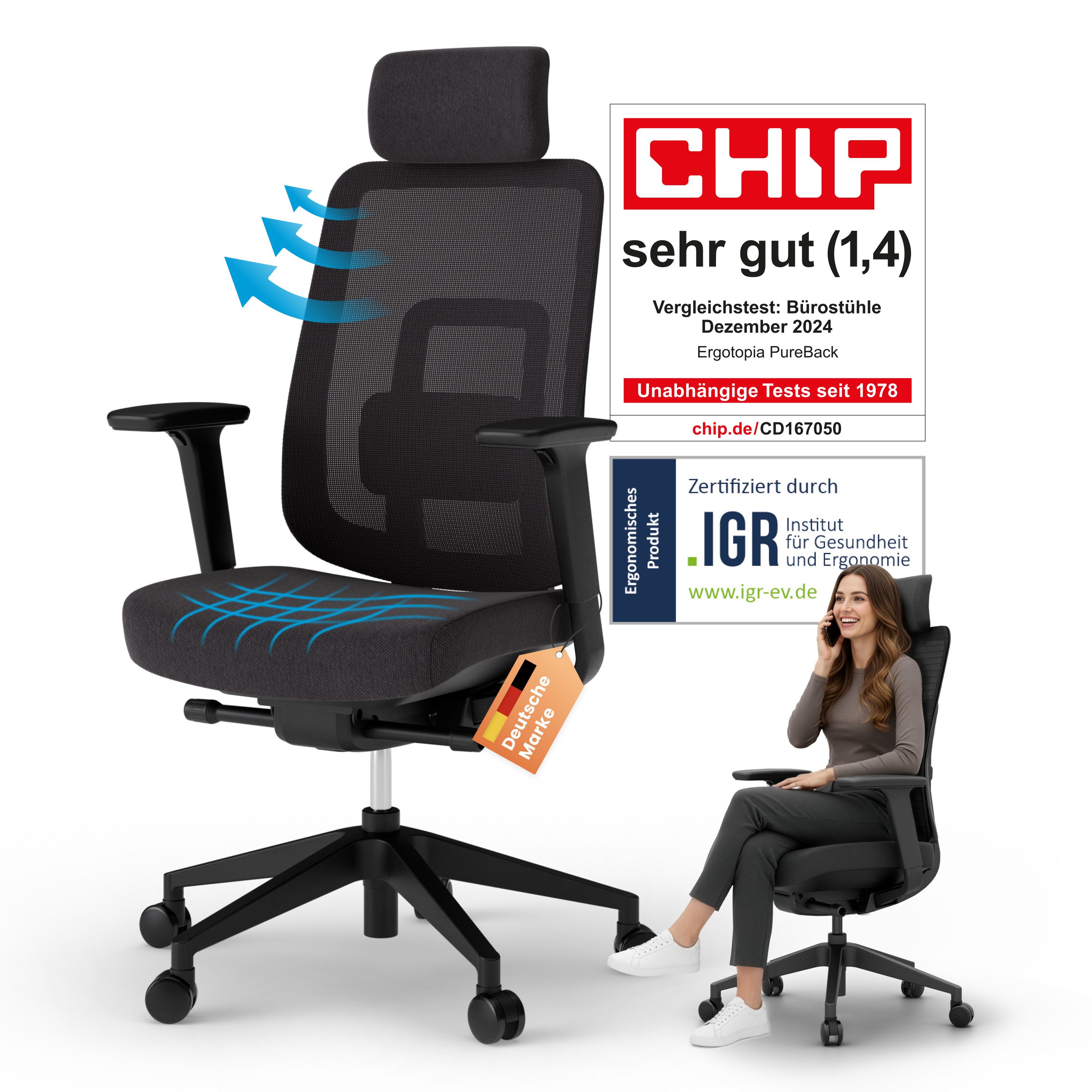 Ergotopia Bürostuhl PureBack ergonomischer Schreibtischstuhl