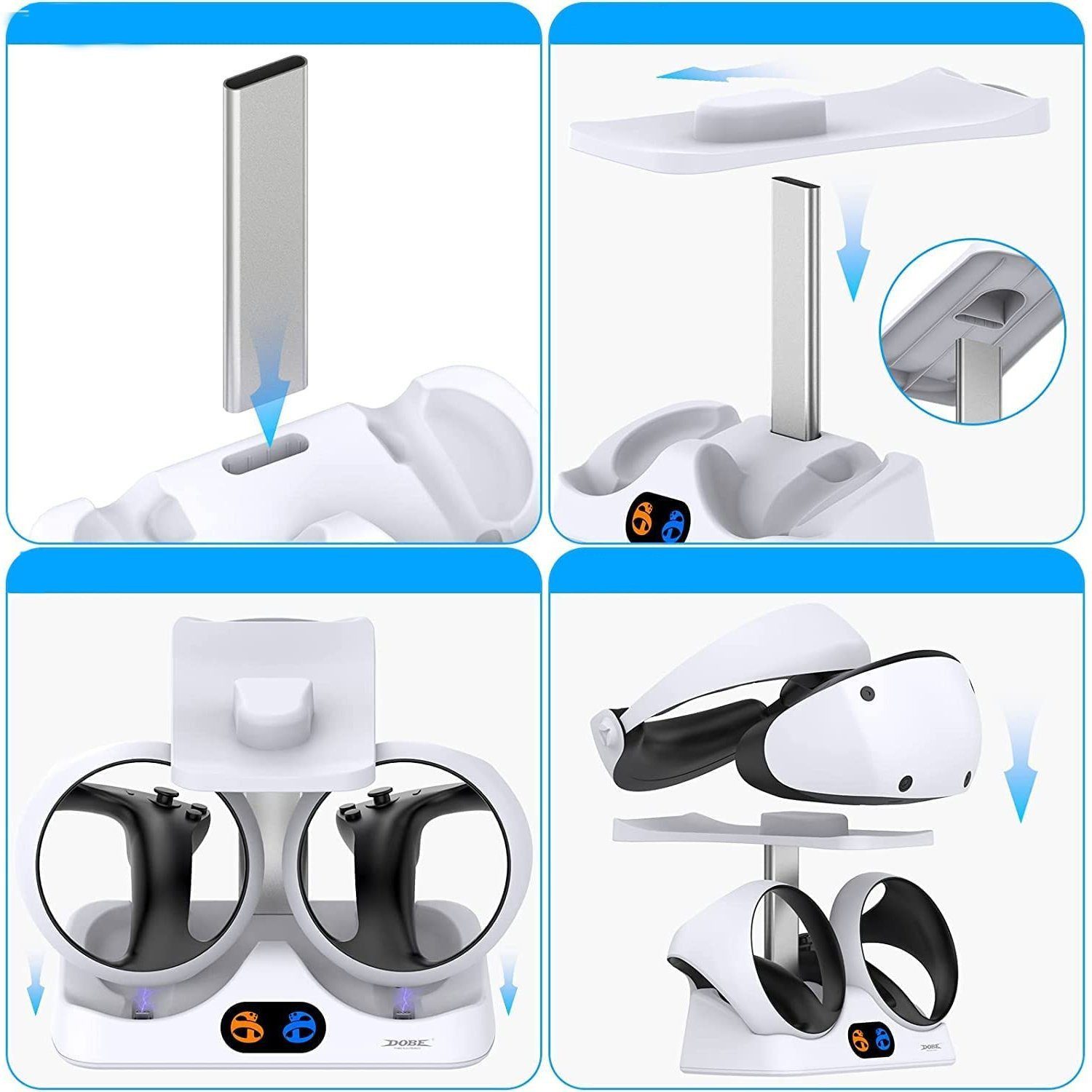 feinlux Ladestation für PS VR2 Controller Ladeschale (2000 mA, Set, PS VR2 Ladestation Ladestation, mit Headset Ständer, mit LED Licht, Typ C Kabel) – Bild 4 von 5