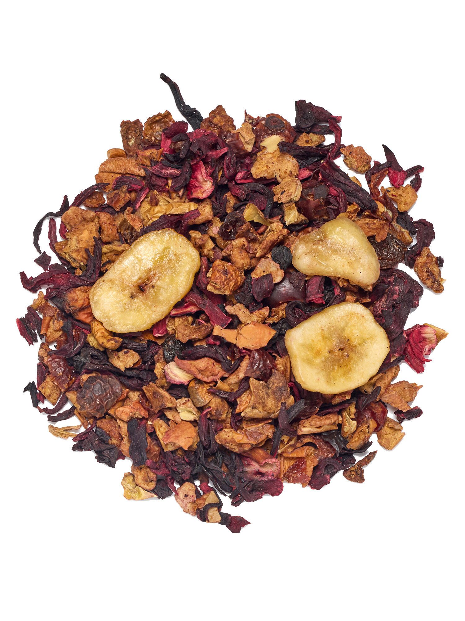 fitvia Tee Früchtetee Banane-Kirsche, lose, 100 g, (Früchtetee Banane Kirsche 100 g – loser aromatischer Früchtetee, 100g), mit süßer Banane & frischer Kirsche, fruchtig-exotischer Geschmack