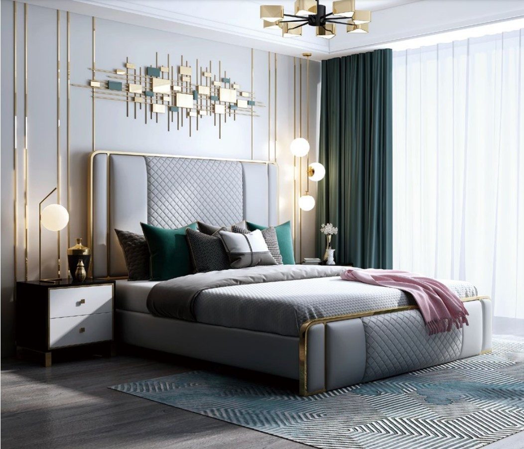 Xlmoebel Polsterbett Designer Doppelbett aus Leder und Metall im eleganten Stil (Bett), Hergestellt in Europa