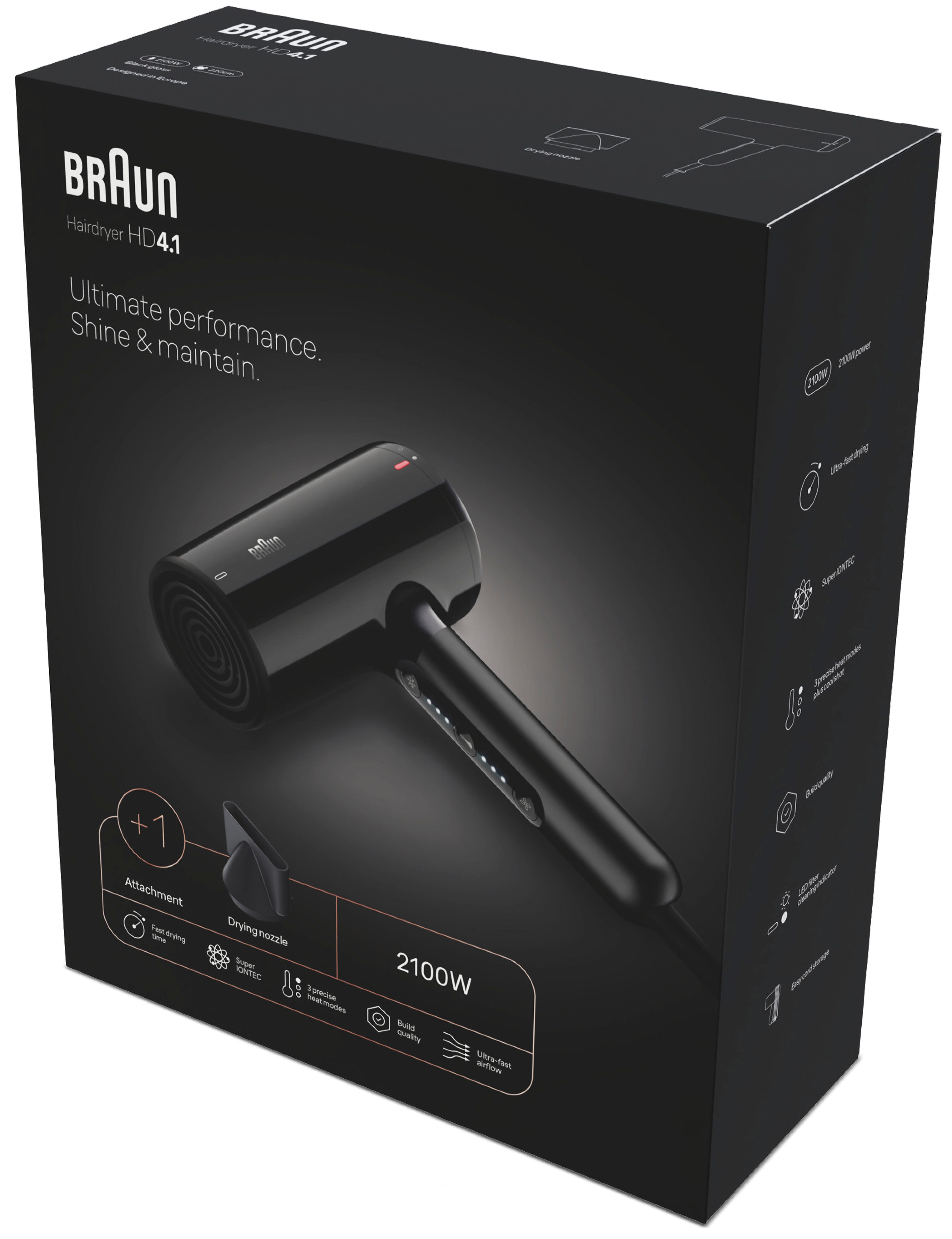 Braun Haartrockner HD4.1, mit Ionen, Föhn mit Aufsatz, BRHD410E, 2100 W, 2100W, HTDC-Motor, Super IONTEC Technologie, ohne Hitzeschäden schwarz