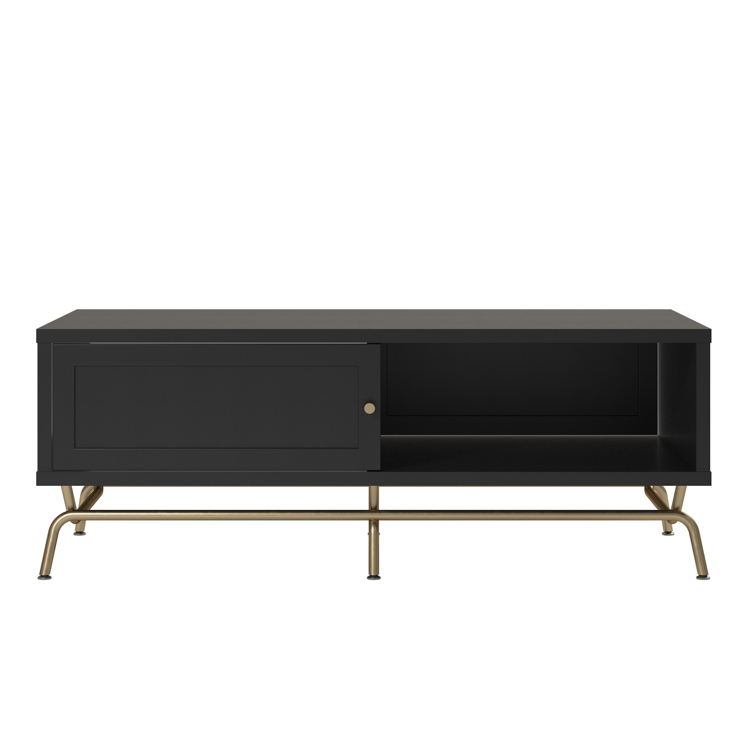 loft24 Wohnzimmertisch Nova, Couchtisch mit Tür, MDF schwarz, Metallgestell in gold, 122 cm