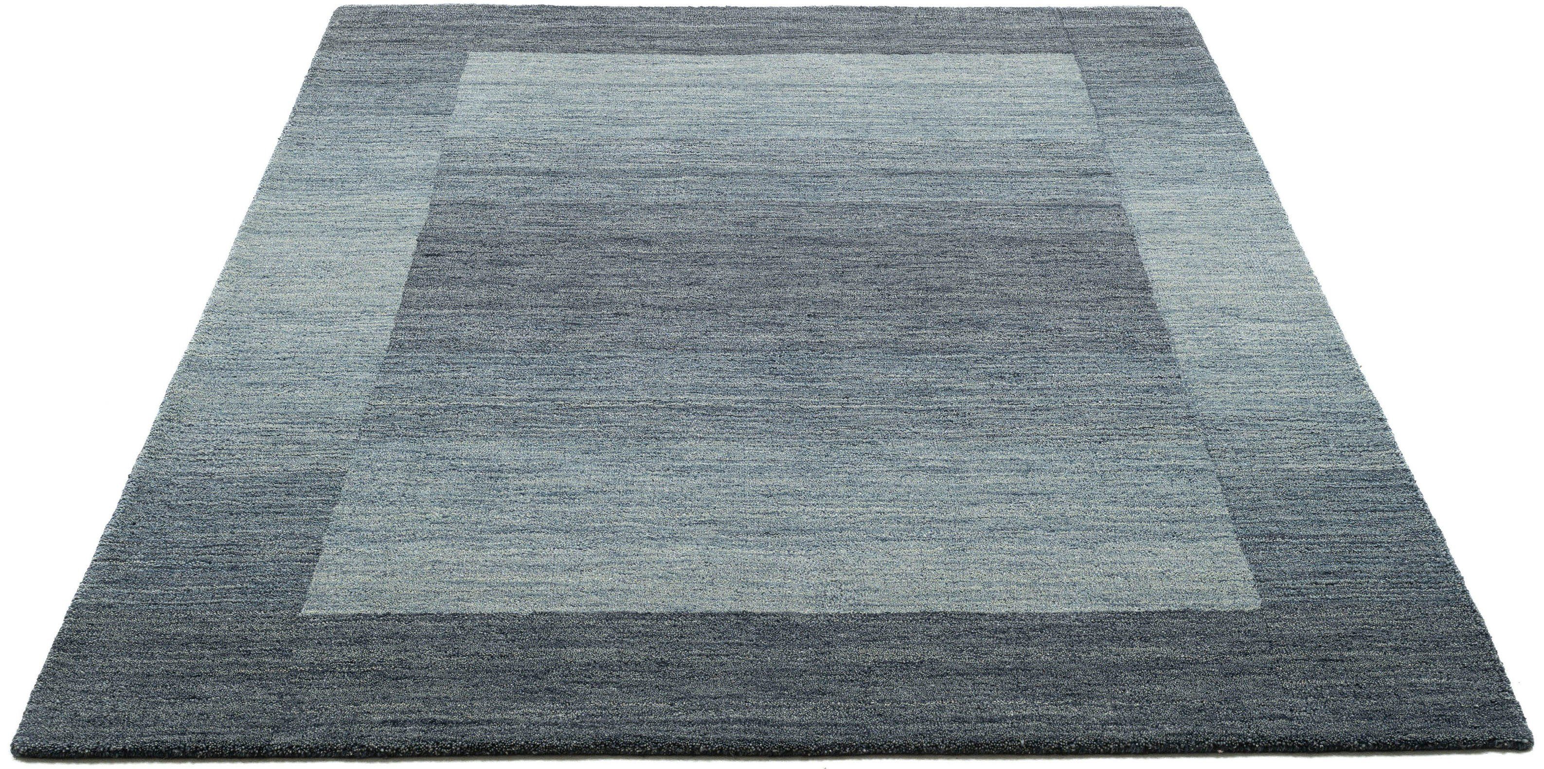 Wollteppich Gabbeh Super, Höhe: 9 Bordüre, mit THEKO, rechteckig, Handweb grau-blau Schurwolle, Teppich, handgewebt, mm, reine Wohnzimmer