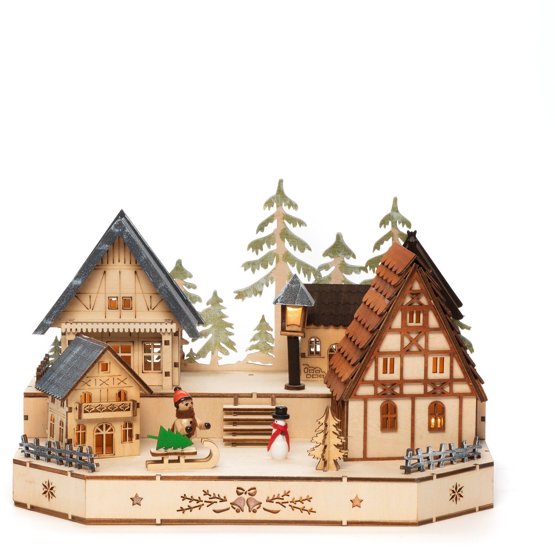 Holzsilhouette, Dorf Schlitten Weihnachtsdorf mit Kind und KONSTSMIDE Schneemann, LED Weihnachtsdeko,