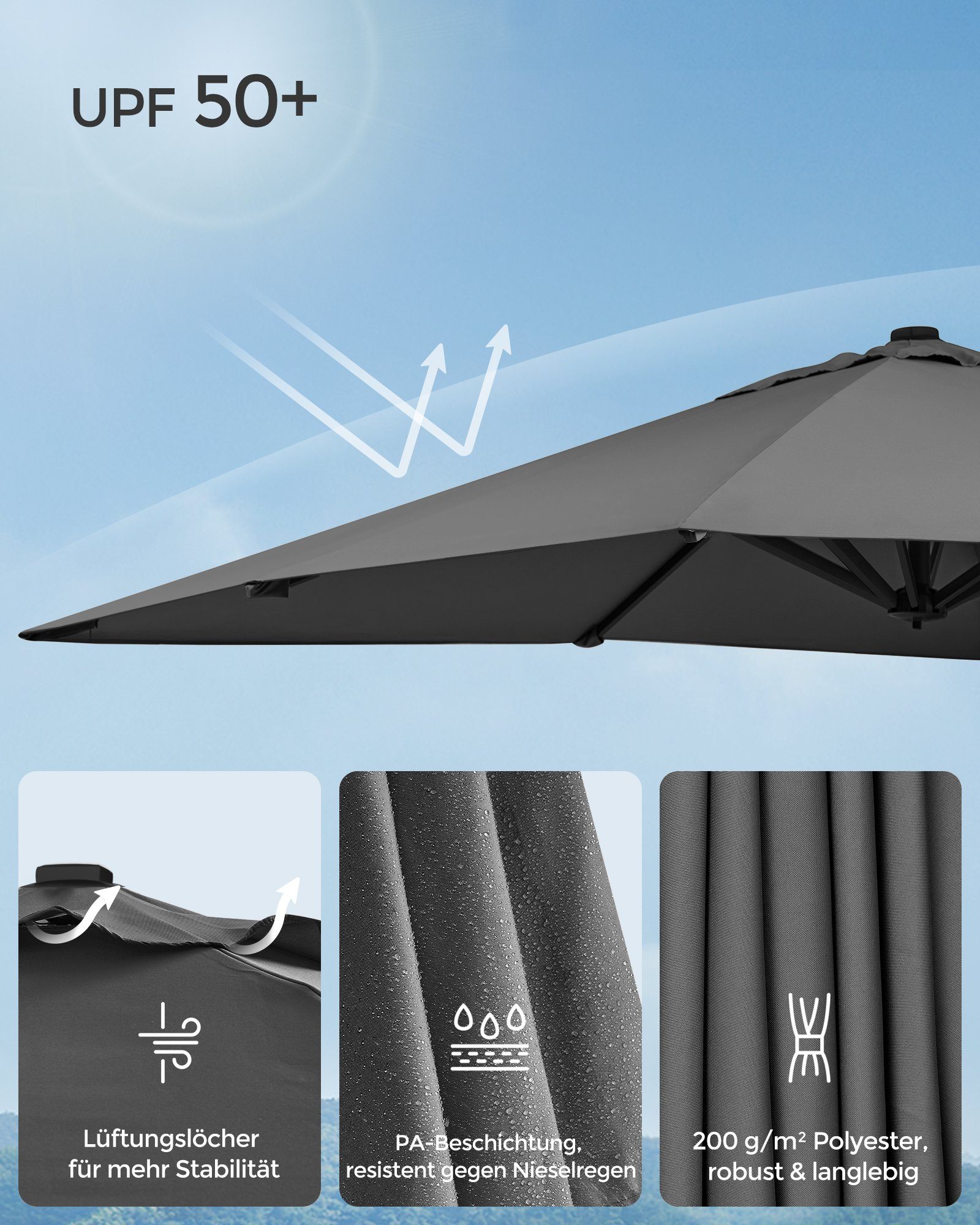 SONGMICS Sonnenschirm, LxB: 290,00x290,00 cm, UPF 50+, 360° drehbar, mit Ständer, Befestigungsgurten