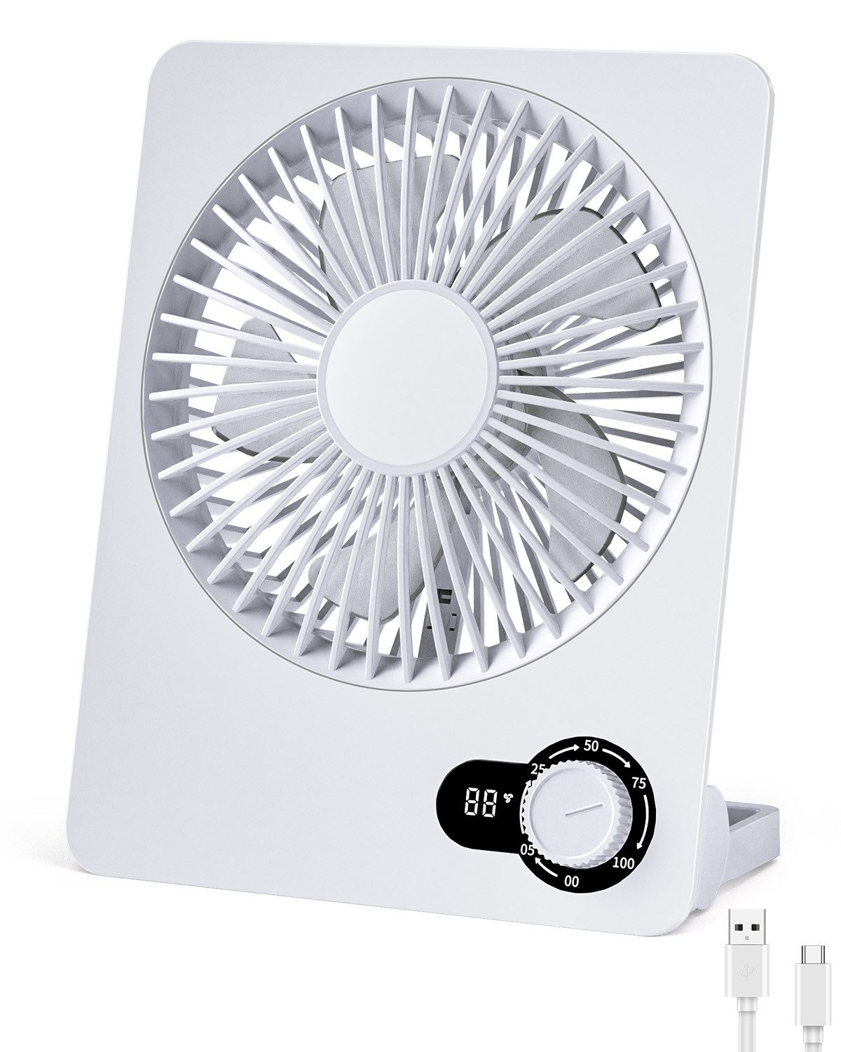 skelo Tischventilator USB Ventilator mit stufenloser Geschwindigkeitsregelung 5–100, 1 cm Durchmesser, LED-Display, 180° verstellbar, faltbar, tragbar, für Büro und Reisen