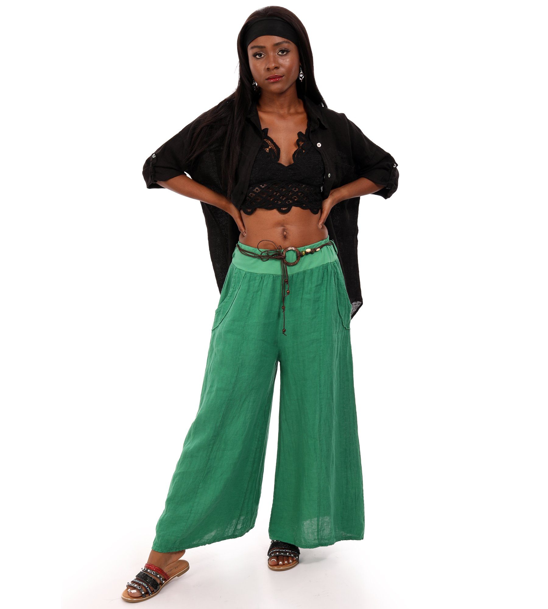 YC Fashion & Style Leinenhose Leinenhose Hosenrock mit weitem Bein (1-tlg) casual, mit elastischem Bund grün