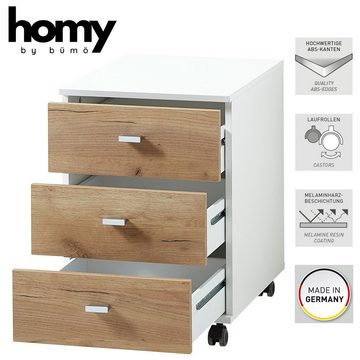 bümö Rollcontainer Homy, Container, Bürocontainer mit 3 Schubladen, Dekor: Weiß-Eiche