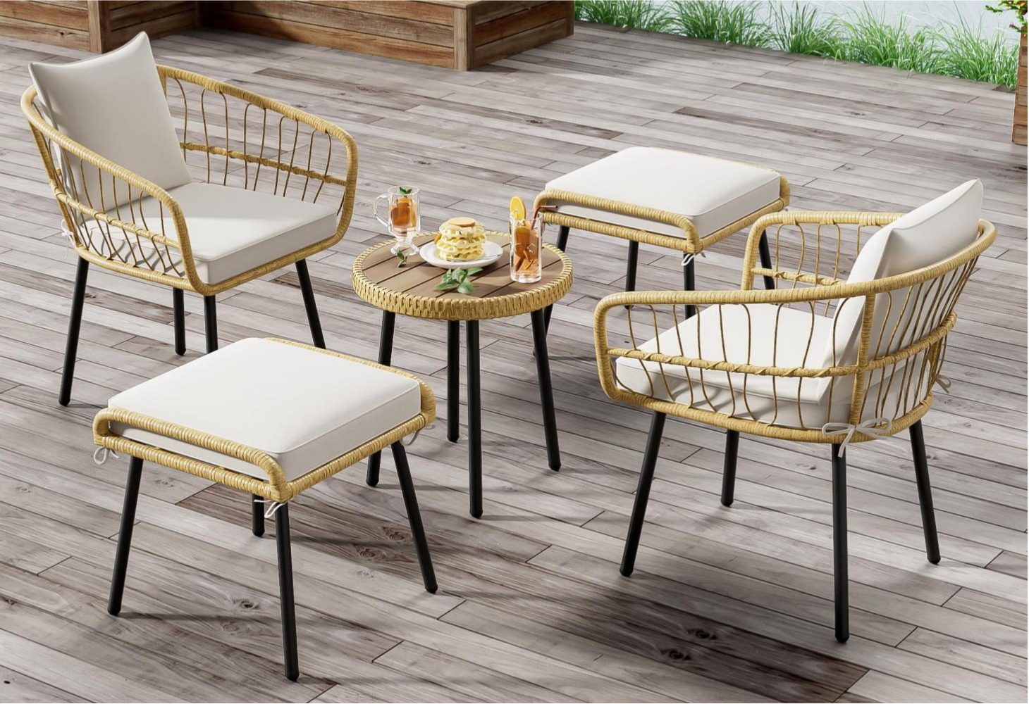 LVHOM Balkonset Garten Balkonmöbel-Sets aus Rattan und Metall,witterungsbeständig, (2xStühle+2xHocker+1xkleiner runder Tisch, Sitz- und Rückenkissen, Ergonomisches Design, 5-tlg., Verstellbare, rutschfeste Beine, Belastbarkeit: 160 kg), Sitzgruppe für Garten, Balkon, Hinterhof, Terrasse
