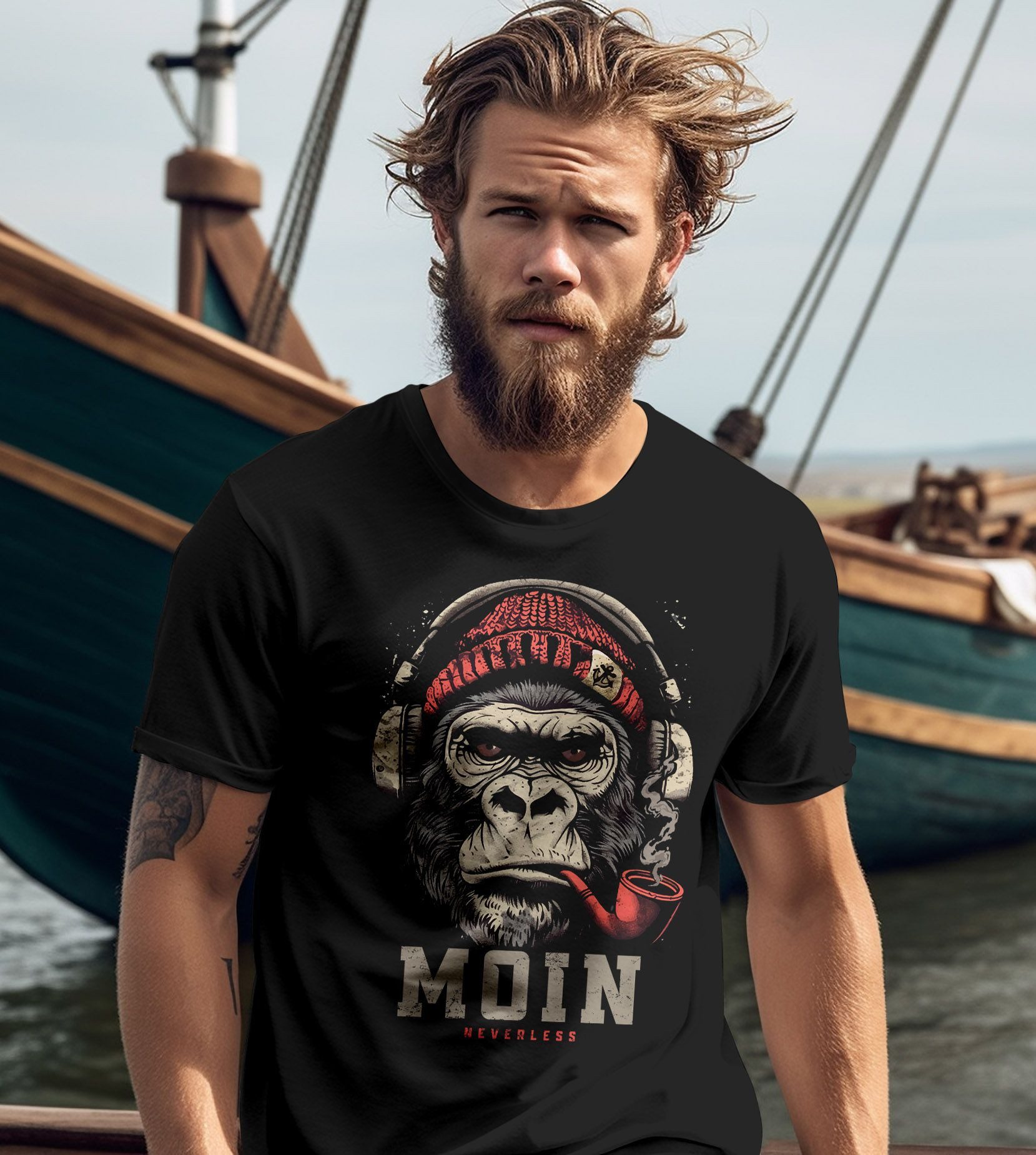 Neverless Print-Shirt Herren T-Shirt Moin Schriftzug Gorilla Möwe Musik Aufdruck Brustprint mit Print – Bild 5 von 5