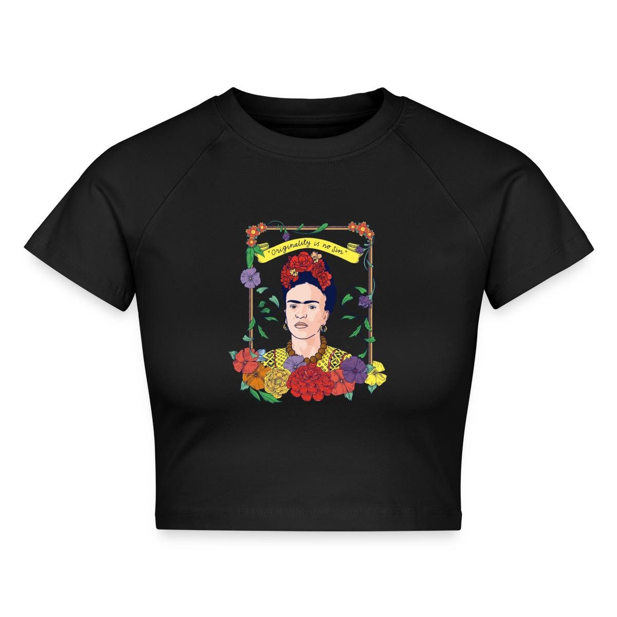 Spreadshirt T-Shirt Frida Kahlo Mit Rahmen Aus Bunten Blumen Crop Top (1-tlg)
