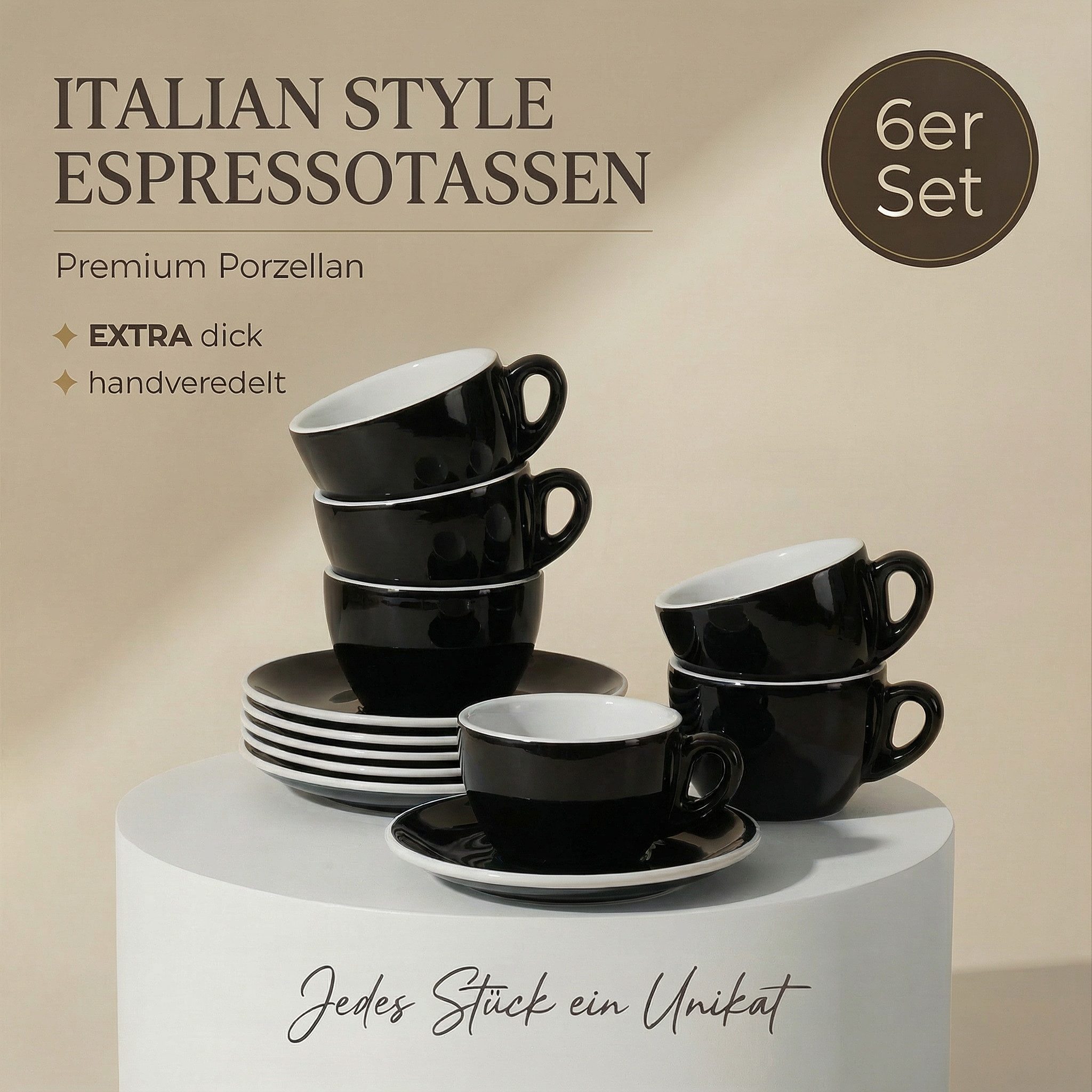 MUVELL Espressotasse Espressotassen Set 6 Tassen & Untertassen 0,8 cm dickwandig, 6-tlg., Keramik, 60 ml schwarz mit weißen Rand und Innenfläche