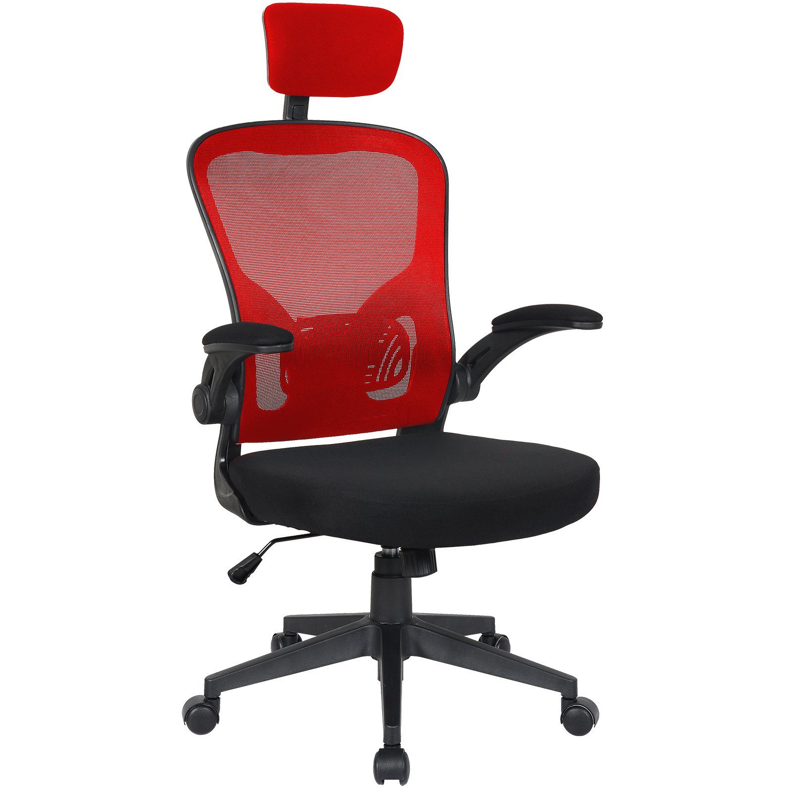TRISENS Chefsessel Harry (1 Stück), Bürostuhl mit hochgeklappten Armlehnen Home Office Chair in Mesh-Optik Schwarz / Rot mit Kopfstütze