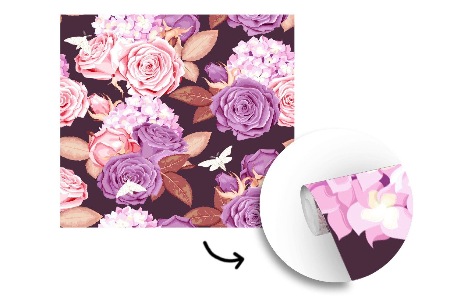 Blumen Fototapete - Schmetterlinge MuchoWow Wandtapete - Rosa Wohnzimmer bedruckt, - für Tapete Schlafzimmer, Lila, Vinyl oder St), Matt, (5