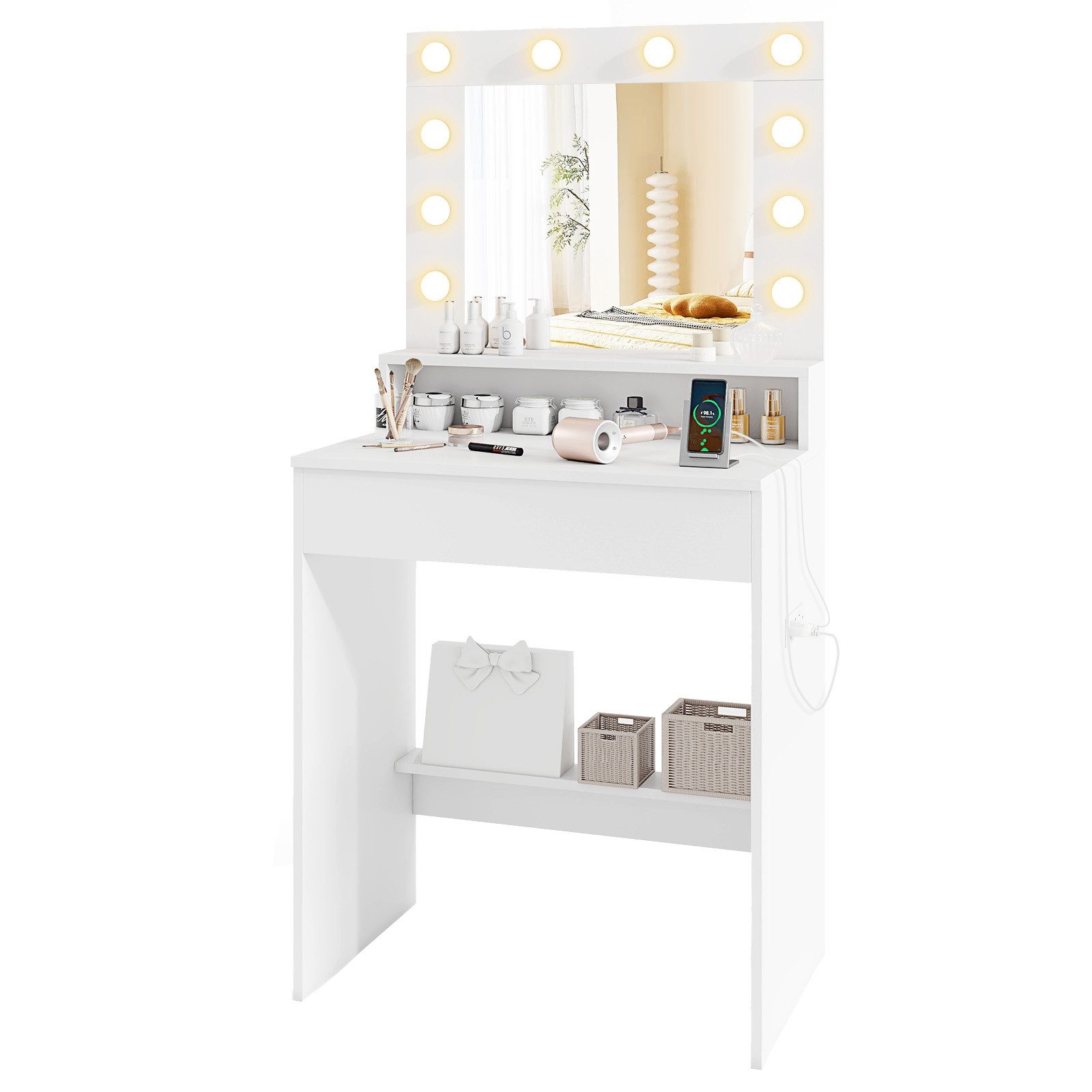 COSTWAY Schminktisch Frisiertisch mit Spiegel, LED (1-St), mit Ladestation, Schublade