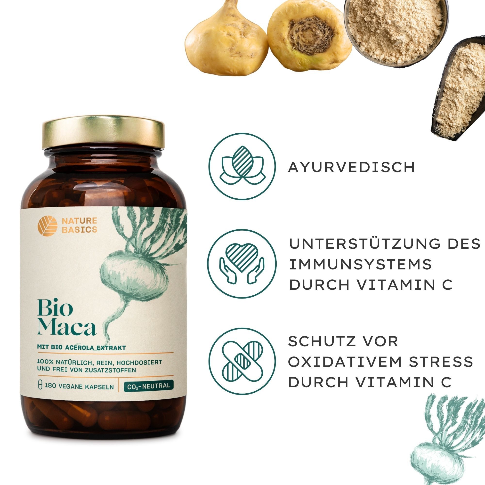 Nature Basics Hochwertiges Bio Maca mit Vitamin C Vegan im Braunglas 180 Kapseln, 180 St., 153 g