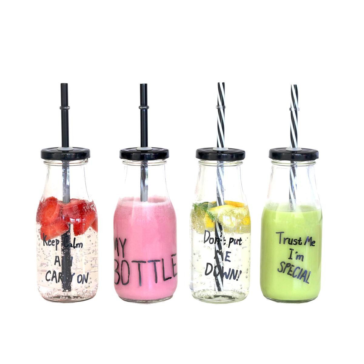 Z-One Trinkflasche 440s Glas Trinkflaschen 4er Set mit Verschluß und Trinkhalm