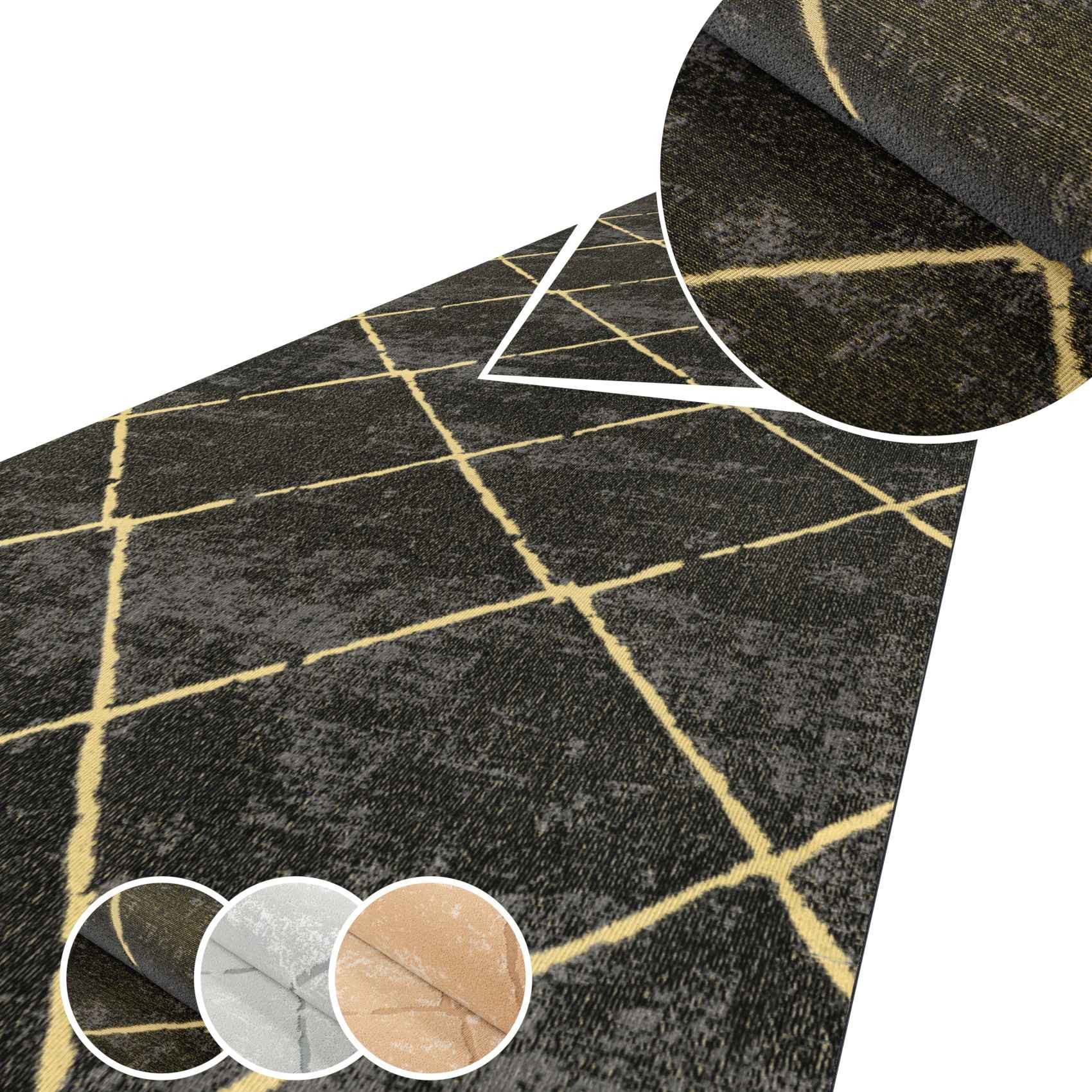ANRO Küchenläufer AYDI Teppichläufer Premium Läufer Textil, Eckig, Bodenläufer 100x50cm Karo Schwarz pflegeleicht