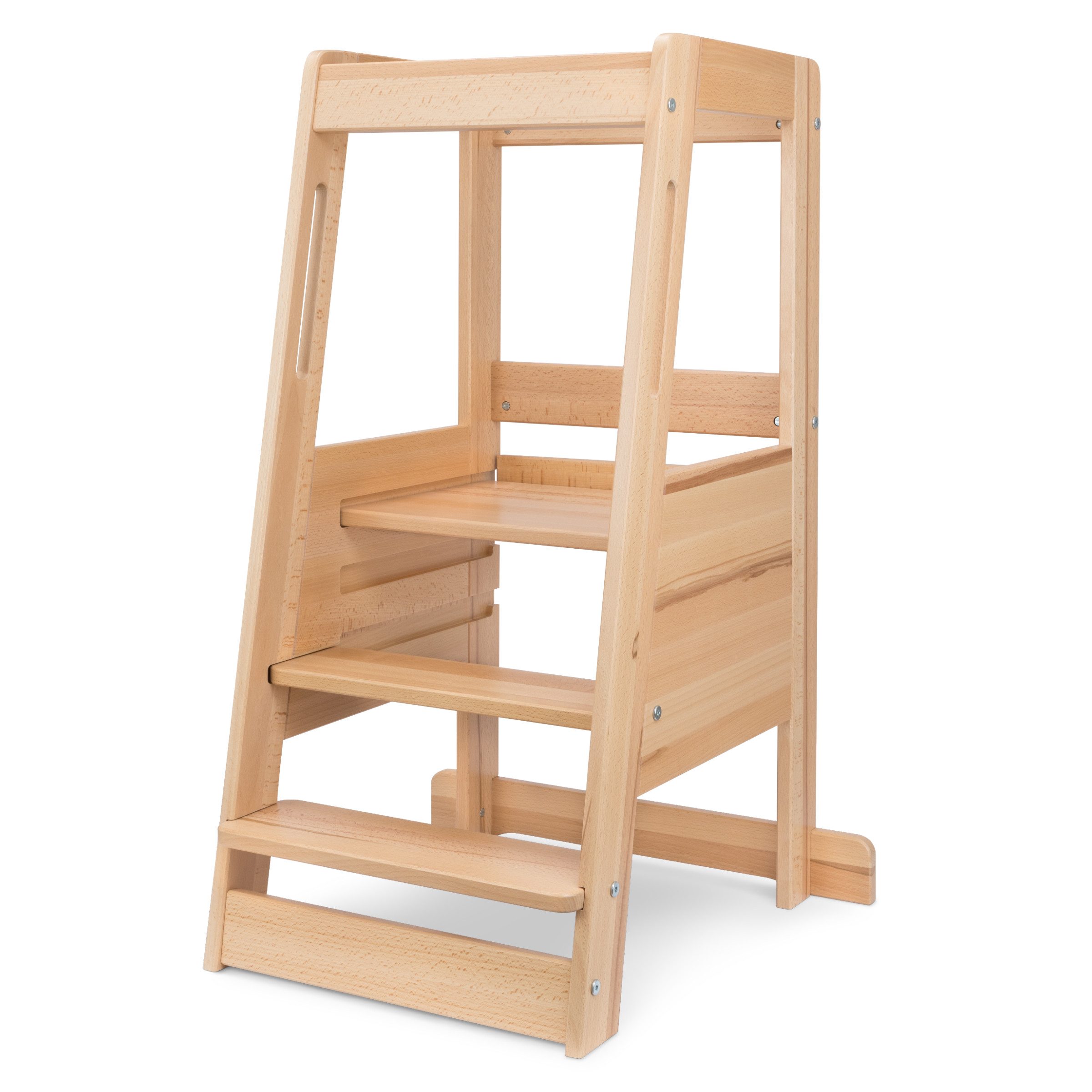 Ehrenkind Stehhilfe Lernturm mit extra Kleinkindstufe, Montessori Tritthocker für Kinder (Buche transparent lackiert, 3-fach höhenverstellbarer Standfläche), geeignet ab ca. 12 Monaten, sobald das Kind sicher stehen kann