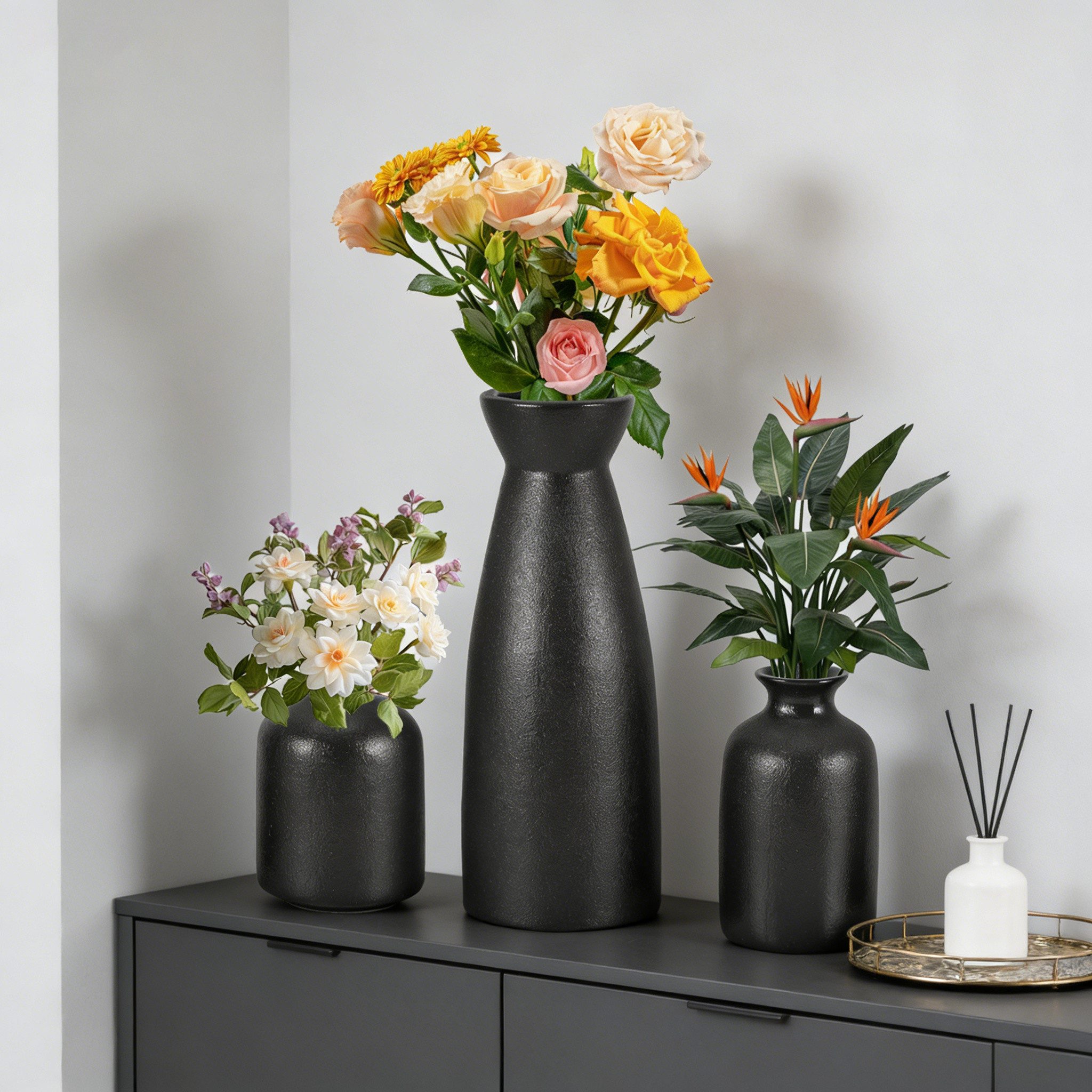 BlingBin Dekovase 3er-Set Keramik Vasen, Kleine Blumenvasen für Schnitt-/ Trockenblumen (3er Set, 3 St., Pampas-Vase: 22.5x8,5 cm;Klein Vase: 12x7 cm;Knospen Vase: 10x7.4 cm), Vasen für Regal, Tisch und Sideboard, Keramik, standfest