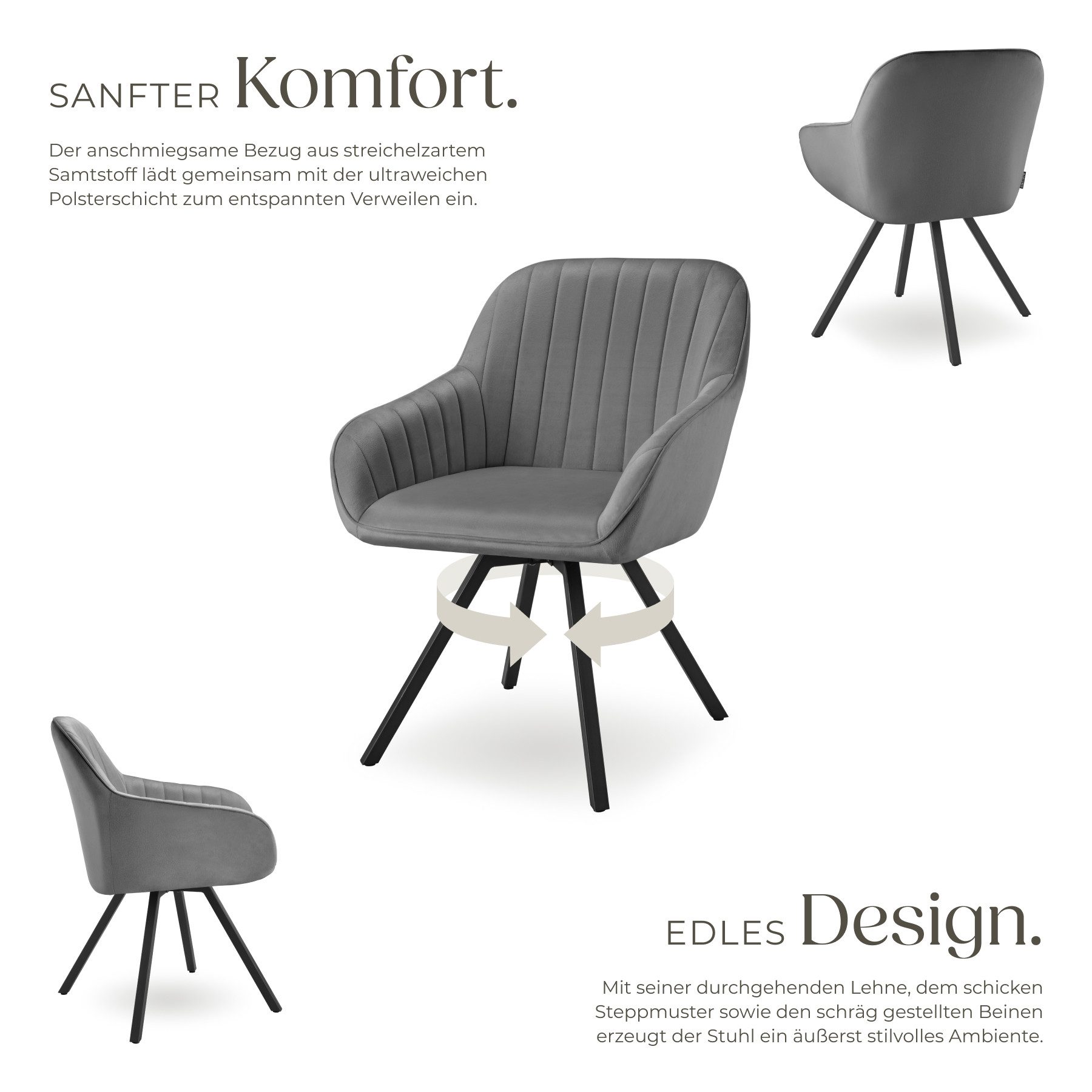 tectake Esszimmerstuhl Drehbarer Armlehnstuhl Snug Samtoptik, gepolstert (Set, 1 St), Große Sitzschale, durchgehende Arm- & Rückenlehne, bequemer Polsterung