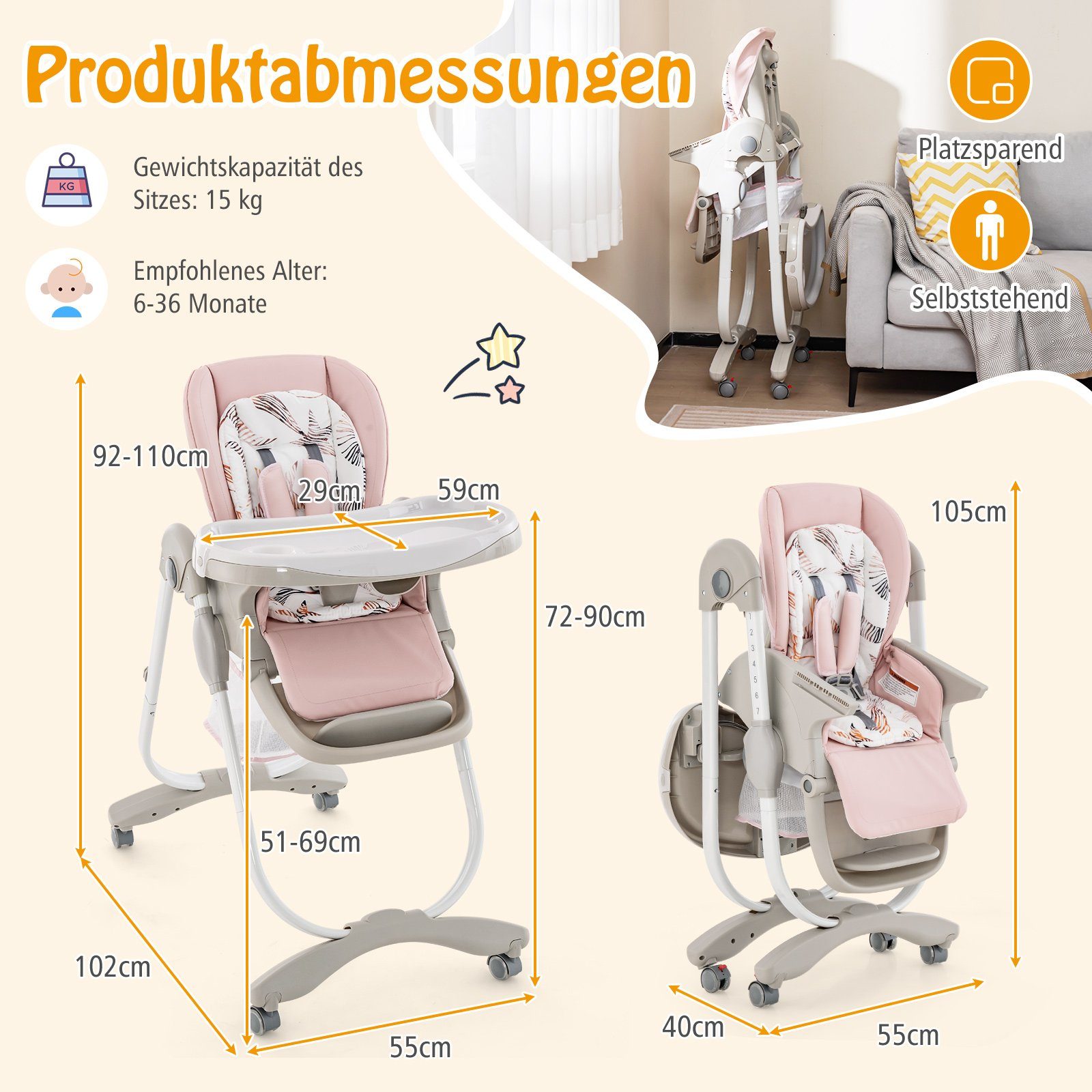 COSTWAY Hochstuhl Babystuhl, klappbar, verstellbar, mit Liegefunktion & Rädern – Bild 4 von 5