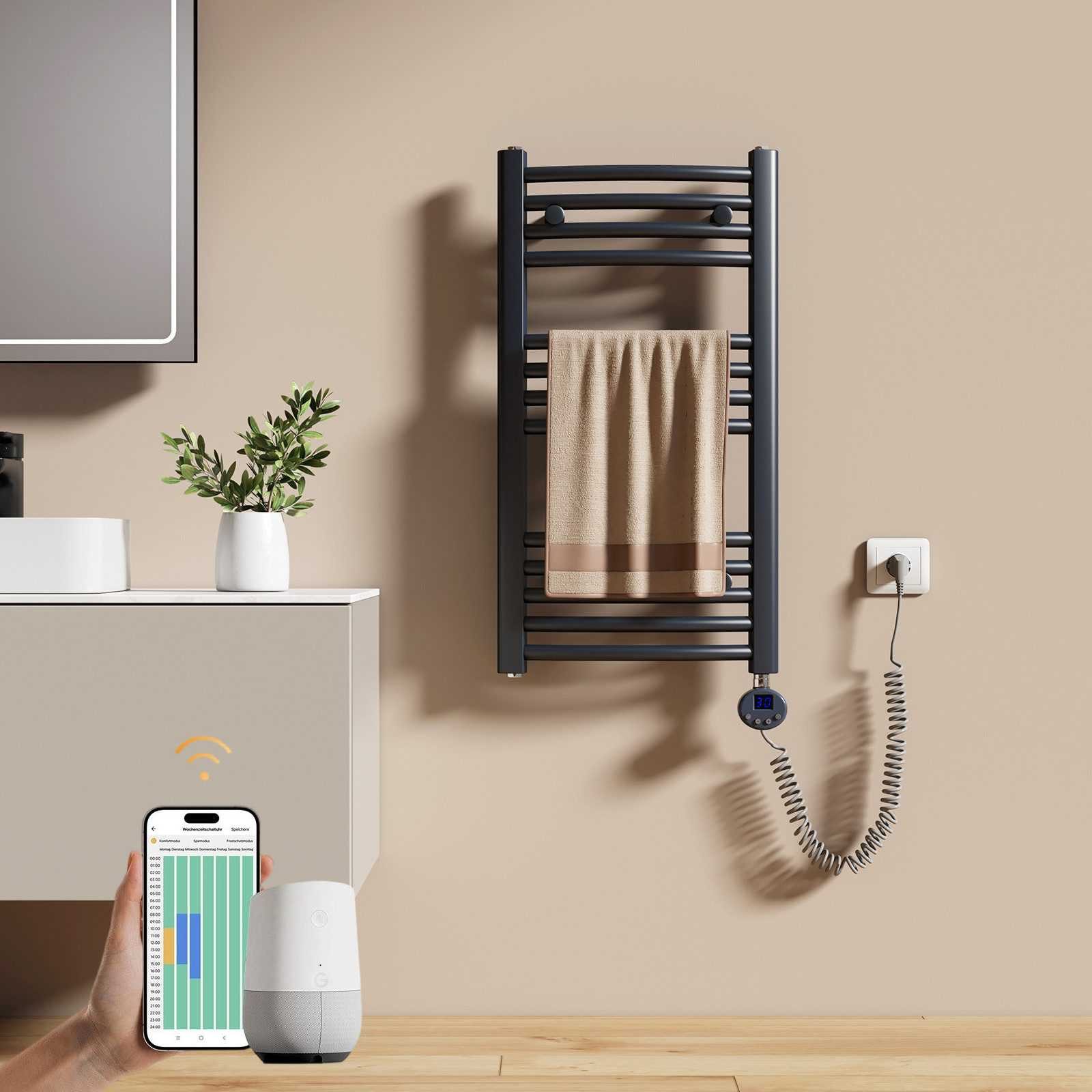 EMKE Elektrischer Badheizkörper Gebogen mit WiFi APP Steuerung Thermostat Höhe: 75cm, 300W, 4 Heizmodi 7-Tage-Timer, Boost & Frostschutz Handtuchwörmer