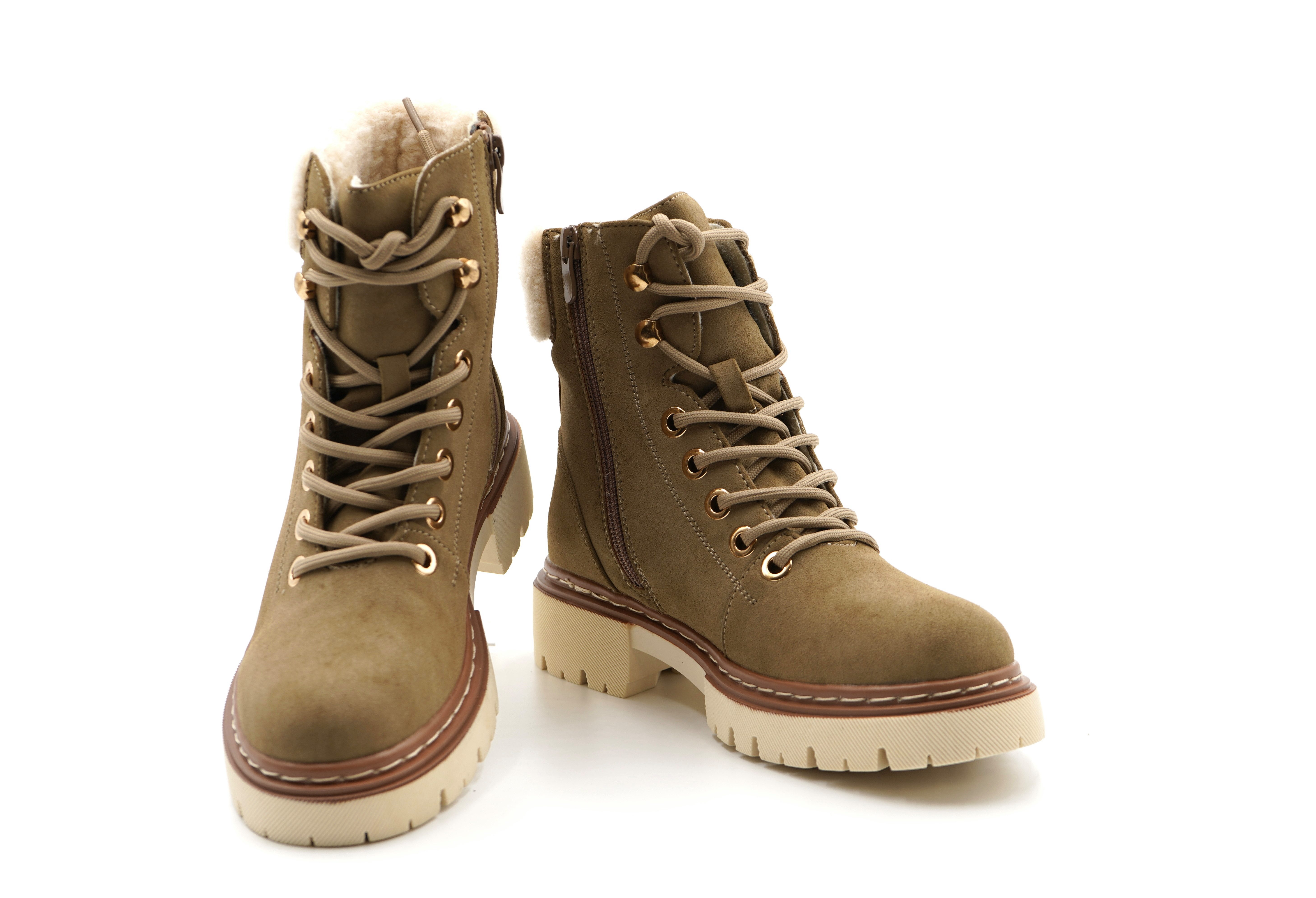 Sonderpostendiscount Damen Boots Khaki gefüttert KA23-226 Bootsschuh günstig online kaufen