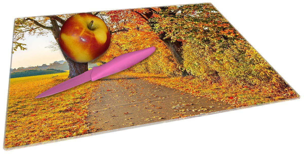 1-St), Gummifüße buntem Herbstlicher (inkl. Wallario ESG-Sicherheitsglas, Waldweg mit rutschfester 4mm, Laub, 30x40cm Schneidebrett