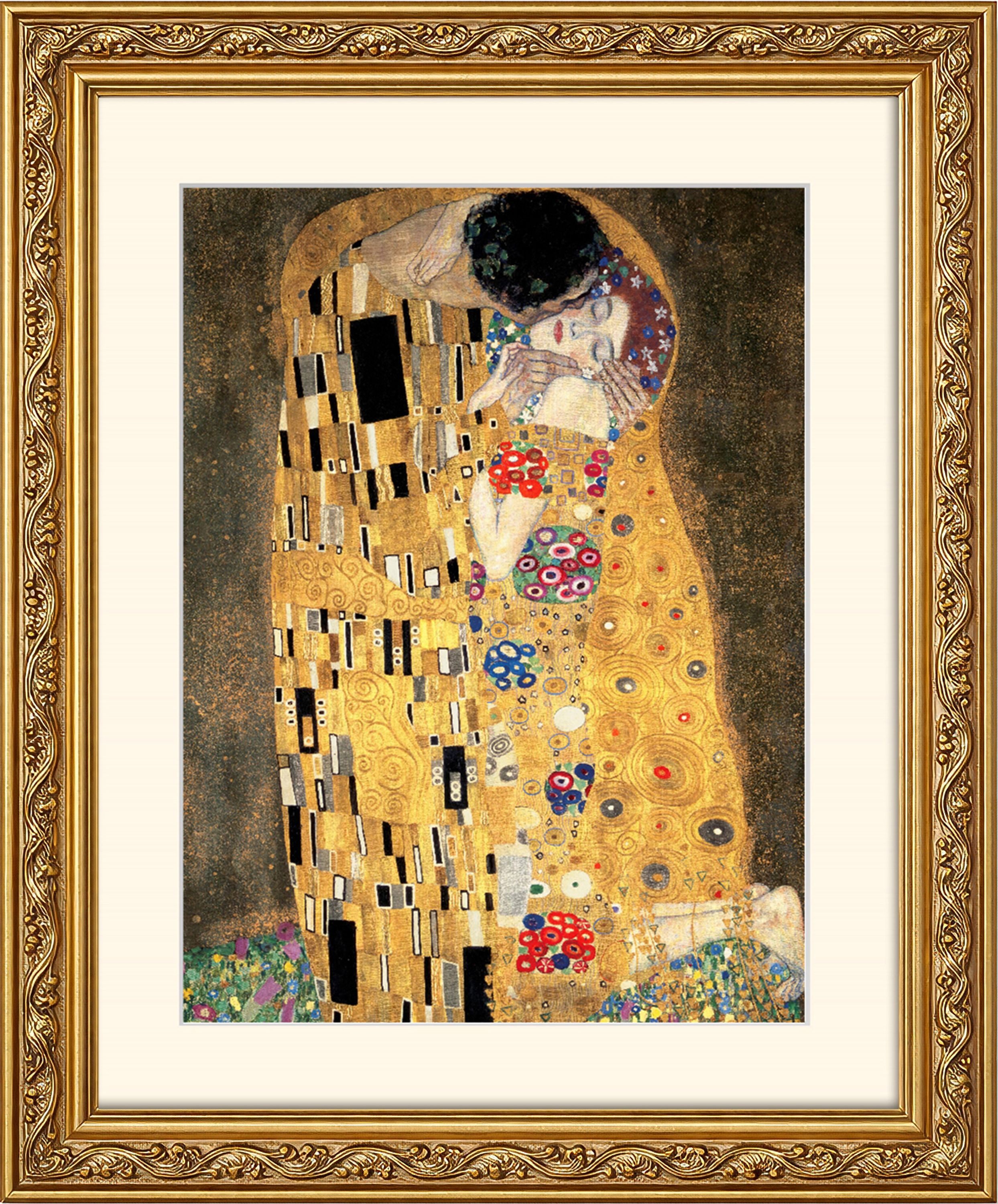 artissimo Bild mit Rahmen Wandbild gerahmt 53x63 cm Kunstdruck mit Passepartout & Barock-Rahmen, Gustav Klimt: Der Kuss Detail