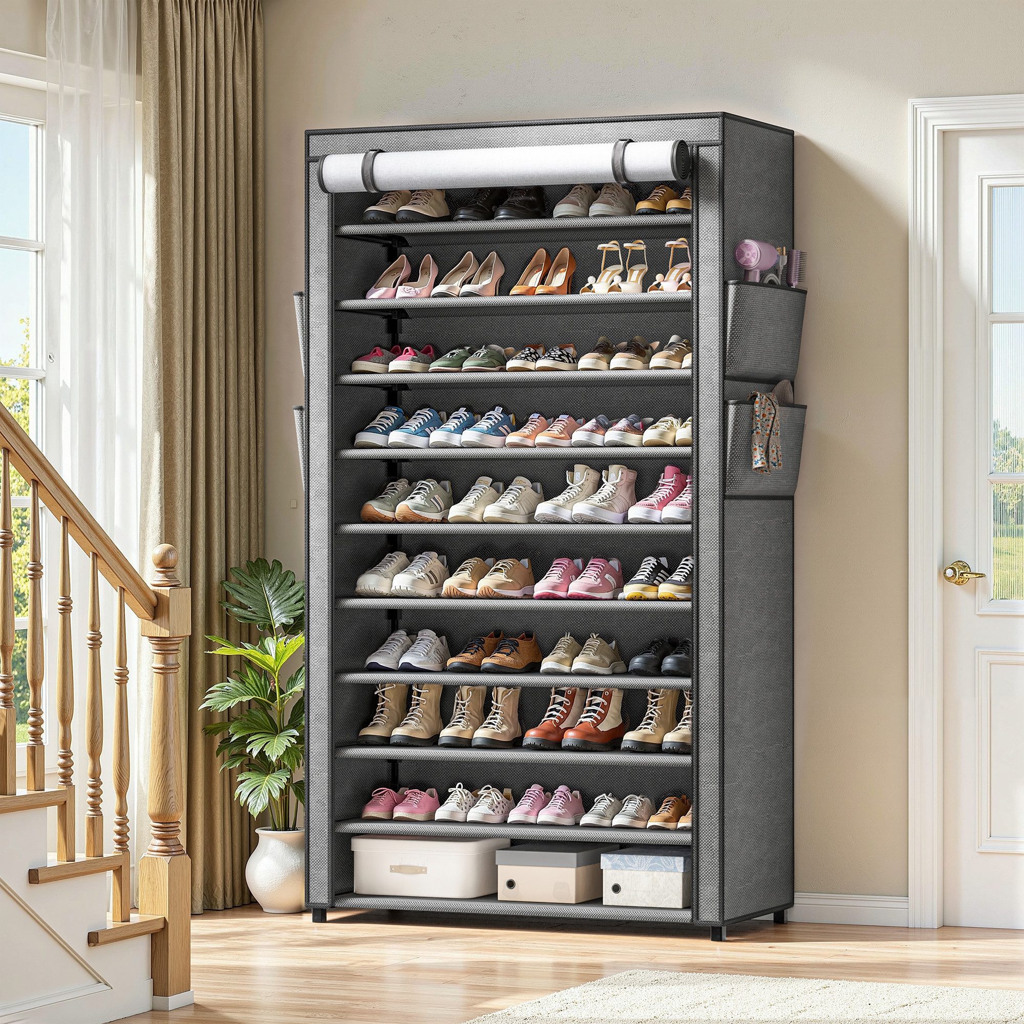 Klyvvo Schuhregal 11 Ebenen, 30cm Tiefe Schuhschrank bis EU 47 für 50 Paare Schuhe, 1-tlg., Schuhschrank Hoch mit Sichtbarer Staubdichter Überzug, grau
