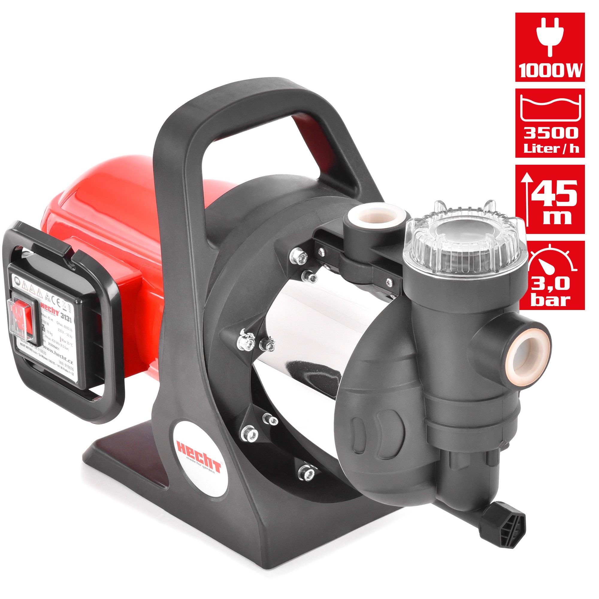 Hecht Gartenpumpe 3131 Kreiselpumpe 1100 W 4600 l/h Wasserpumpe Zisterne (1-tlg), Messinggewinde selbstansaugend Brunnenpumpe Regenwasser 4,5 bar