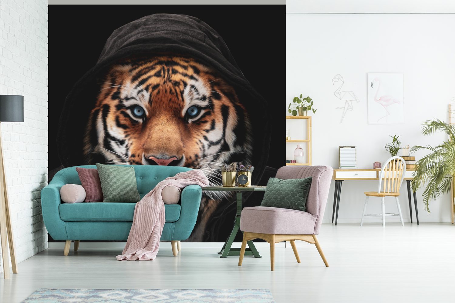 Schlafzimmer, Wohnzimmer MuchoWow Matt, - St), Blau, bedruckt, Vinyl - Wandtapete Kleidung Tiger für Fototapete oder Tapete (5