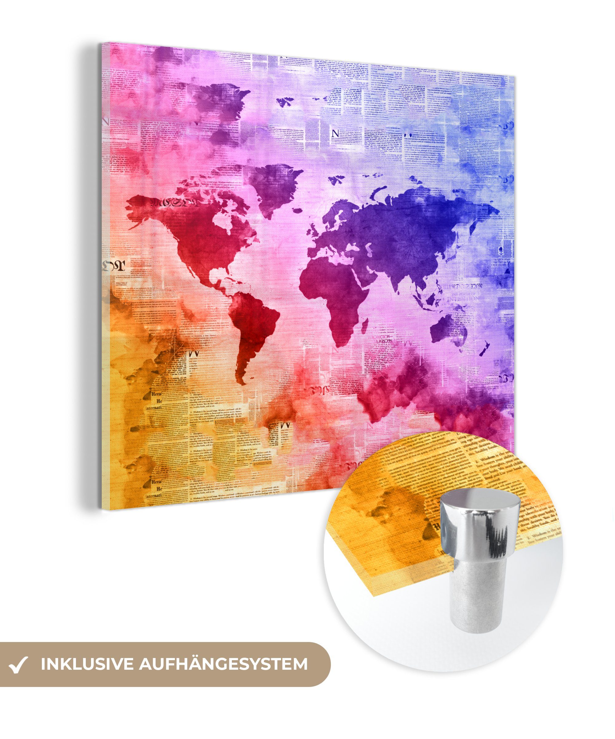 MuchoWow Acrylglasbild Weltkarte - Farben - Abstrakt, (1 St), Glasbilder - Bilder auf Glas Wandbild - Foto auf Glas - Wanddekoration