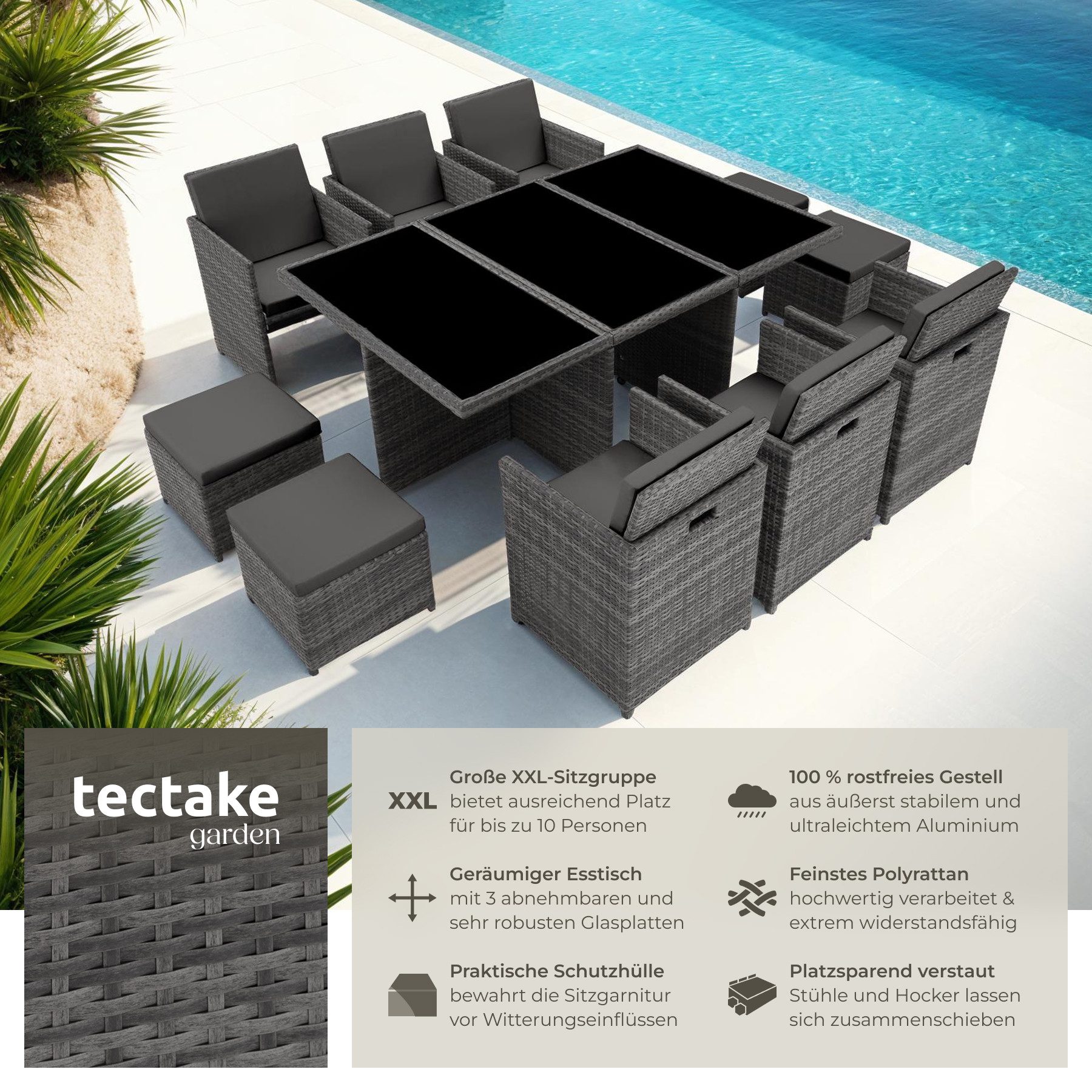 tectake Sitzgruppe Aluminium Rattan Gartenlounge für 6 bis 10 Personen, Inkl., (Loungeset New York, 12-tlg., für Außen in Grau), wetterfest und UV-beständig, 2 Bezugssets, mit Sicherheitsglasplatten