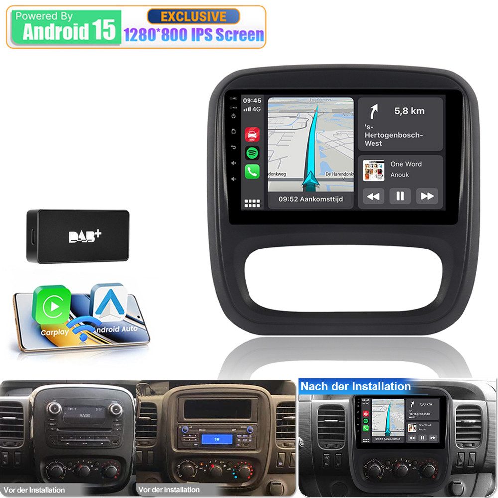 A-Sure 8-Core Für Opel Vivaro B Renault Trafic Nissan NV300 Carplay GPS Navi Autoradio (Digitalradio (DAB), FM, AM, 1080P IPS Screen/8-Core CPU)