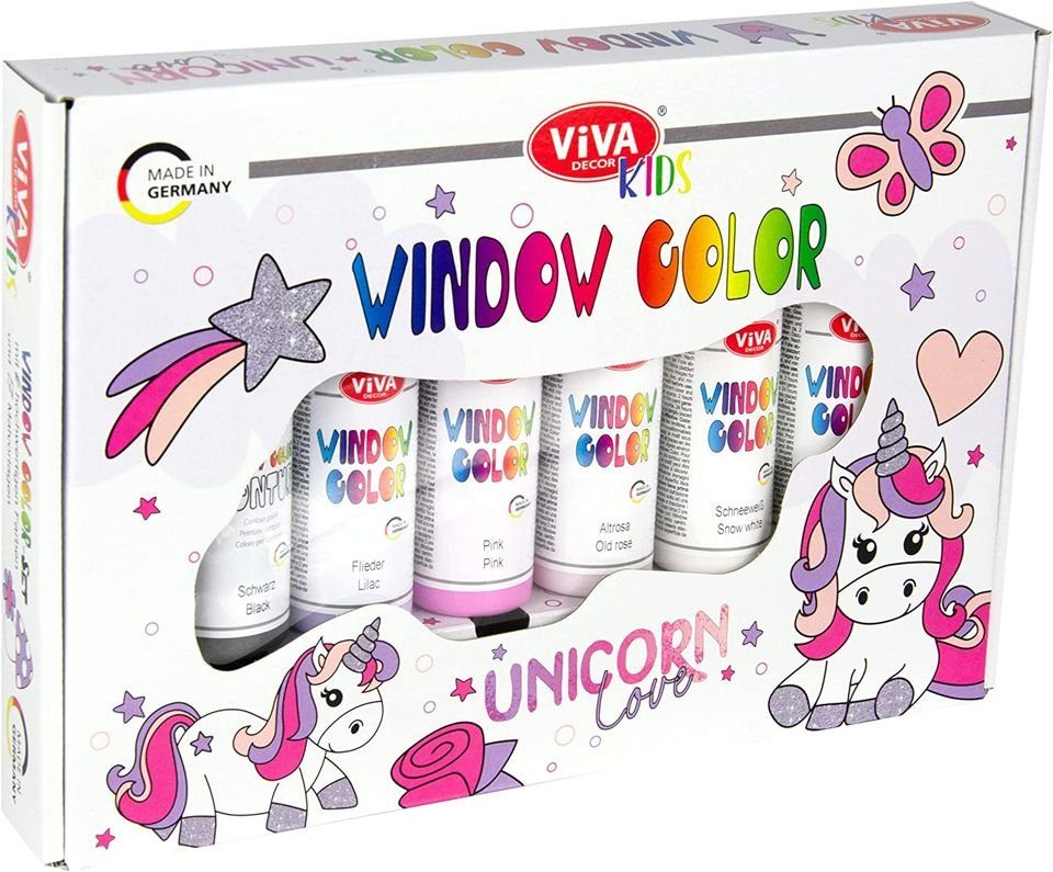 Viva Decor Kreativset Kids Window Color Unicorn Love, (8-tlg), 6x90ml inkl. Malvorlagen und Malfolie