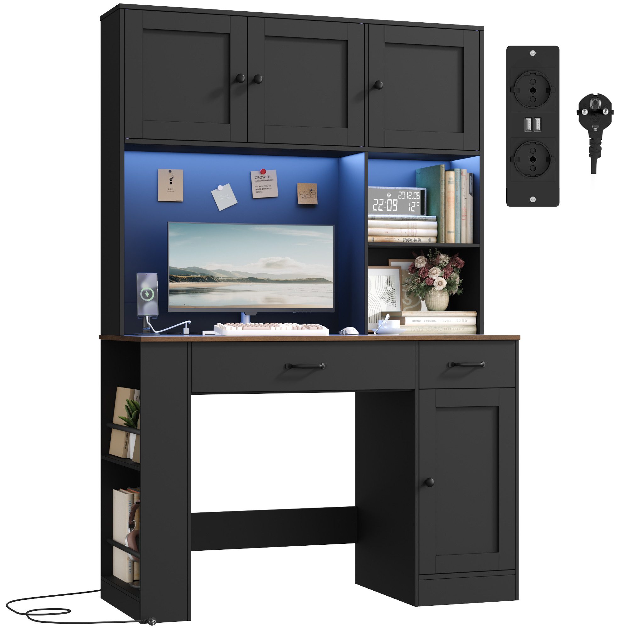 Homfa Schreibtisch mit LED, 2 Steckdosen und 2 USB, 180cm, Computertisch mit Bücherregal, Bürotisch weiß 180x120x50cm