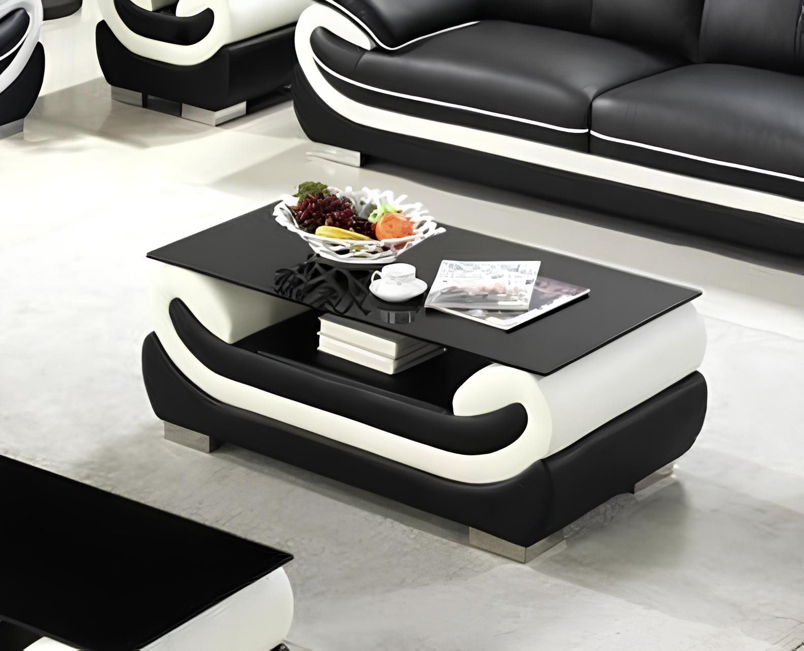 Xlmoebel Couchtisch Eleganter Kaffeetisch aus Leder mit Glasplatte (Ecksofa L-Form Eger "Weiß / Grau), Hergestellt in Europa