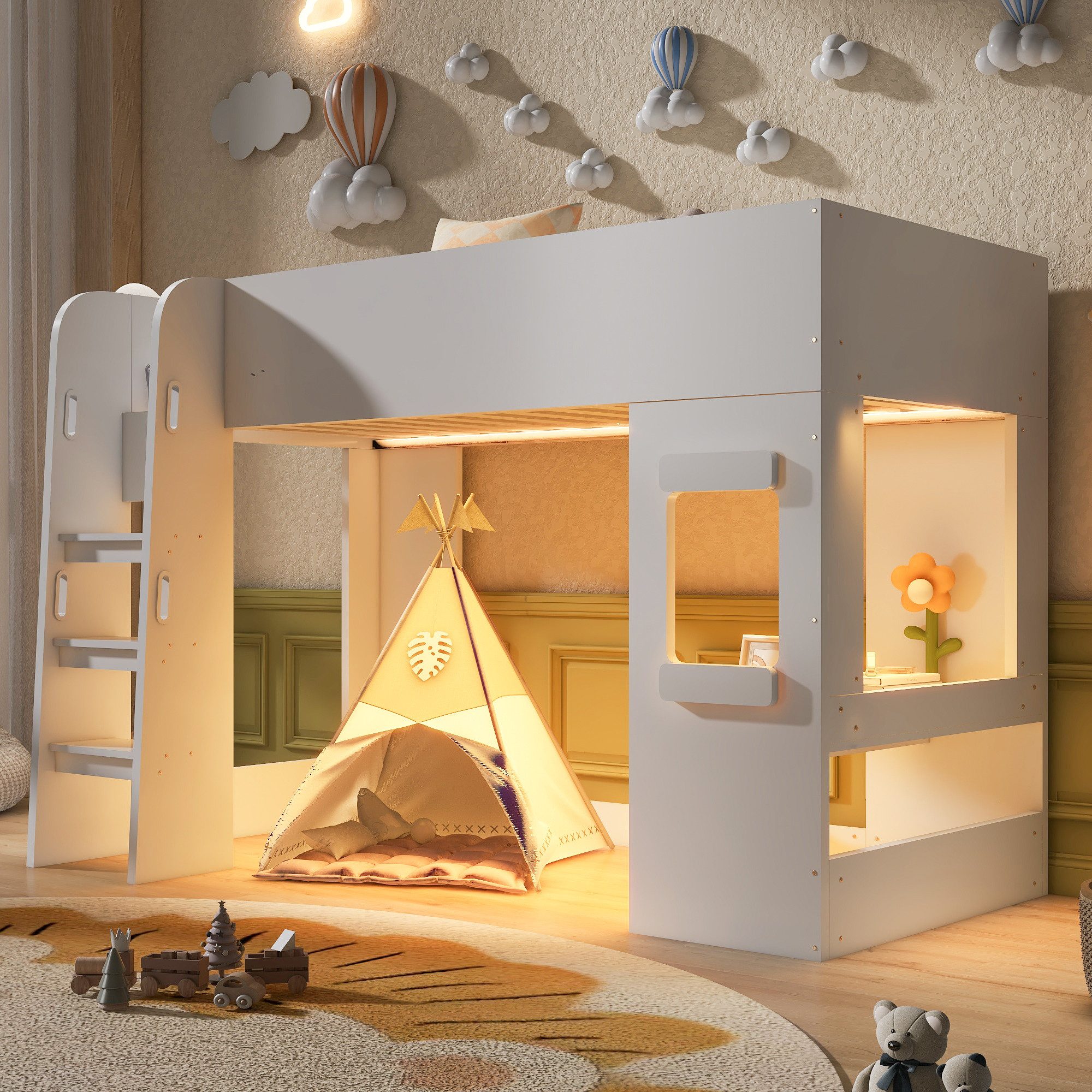 Flieks Hochbett Kinderbett 90×200cm Hausform mit Schreibtisch LED-Leiste Sicherleiter