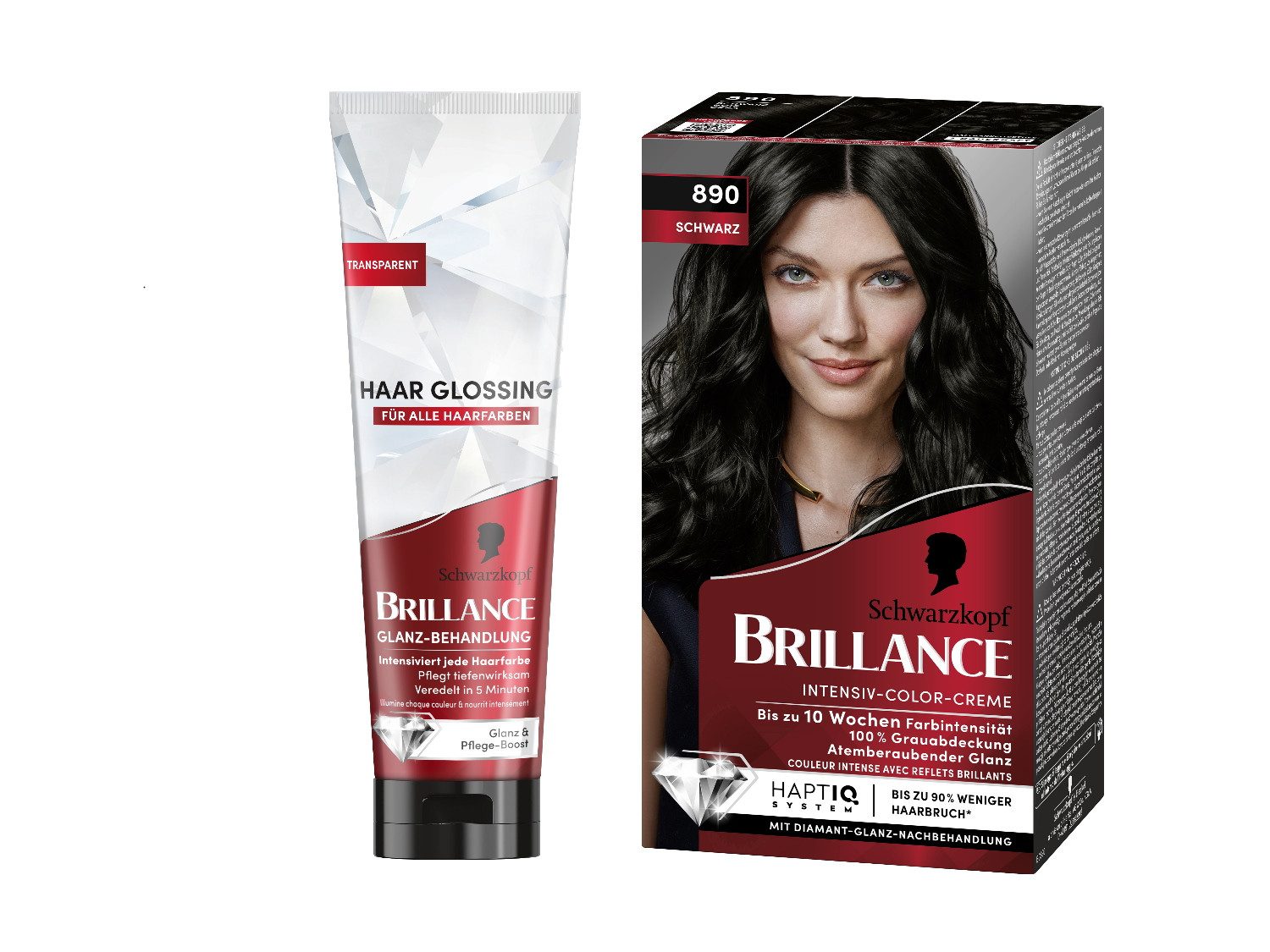 Schwarzkopf Haarfarbe BRILLANCE Haar Glossing Neutral & Intesiv-Color-Creme 890 Schwarz, Hair-Care Doppelpack, 2-tlg., pflegt & intensiviert, hält bis zu 6 Haarwäschen (150ml+170ml)