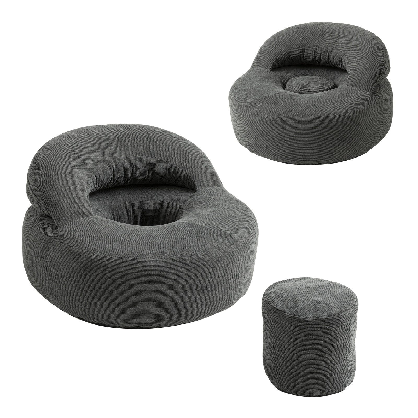 SoBuy Relaxsessel FST100, 2-in-1 Sitzsack Sofa mit Fußhocker & Flexible Rückenlehne (1er Set), Dunkelgrauer Cordstoff-Sessel mit verstellbarer Rückenlehne