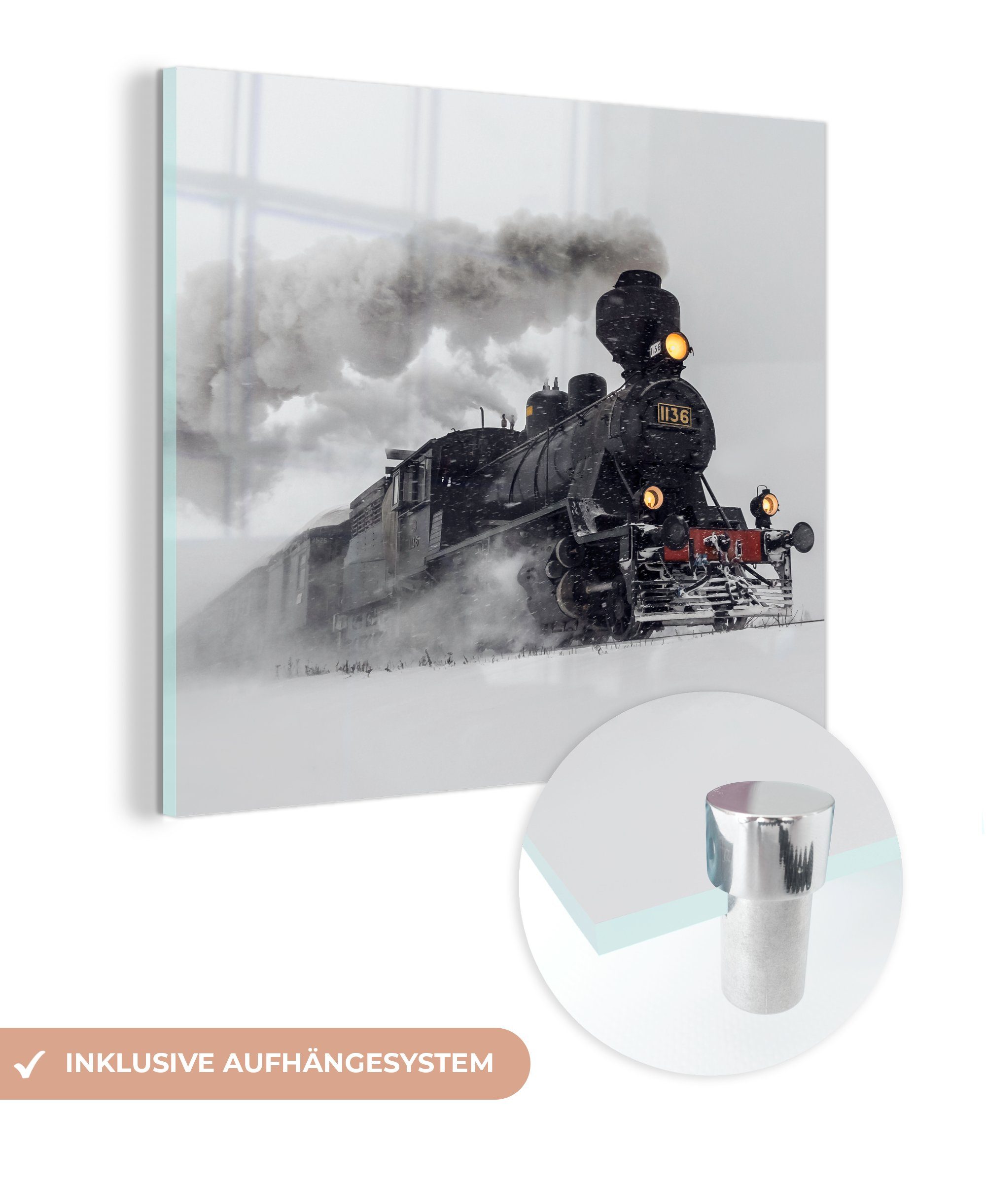 Acrylglasbild Glas im Bilder Foto Glas MuchoWow - Wandbild Dampflokomotive St), auf quadratisch, auf Glasbilder - (1 Schnee - Wanddekoration -