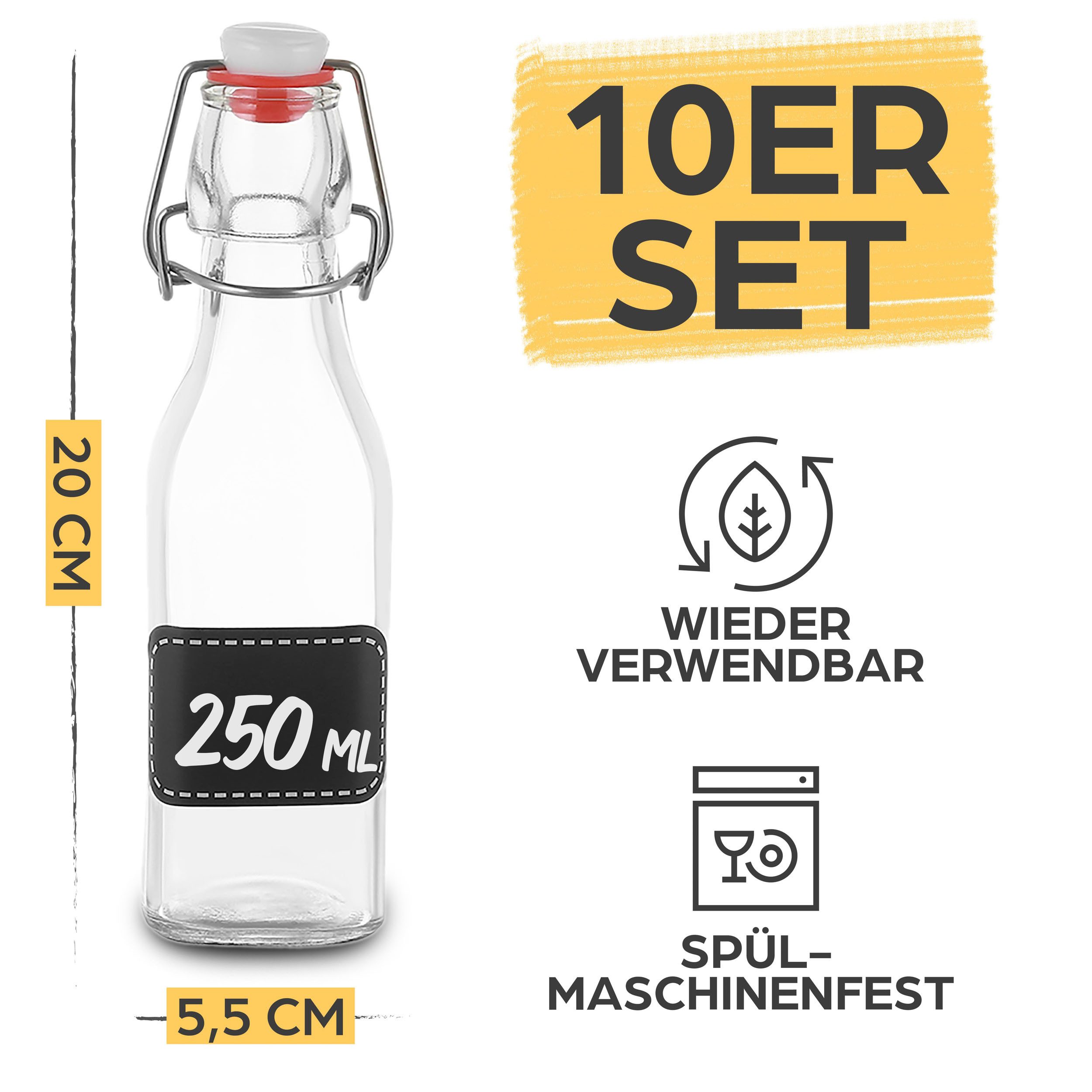 Praknu Trinkflasche 10er Set Glasflaschen 250ml Bügelverschluss Eckig - Bügelflaschen, Bügelverschluss Eckig - 10 Etiketten mit Stift und 10 Extra Dichtungen