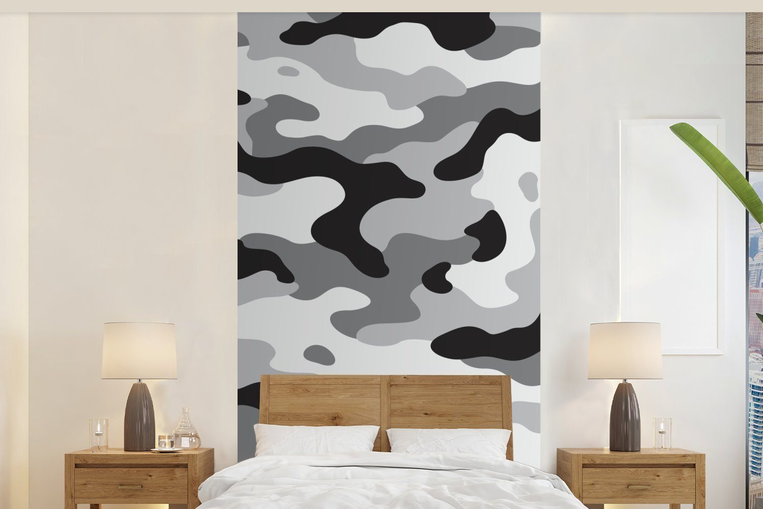 MuchoWow Fototapete Schwarz-weißes Camouflage-Muster, Matt, bedruckt, (2 St), Vliestapete für Wohnzimmer Schlafzimmer Küche, Fototapete